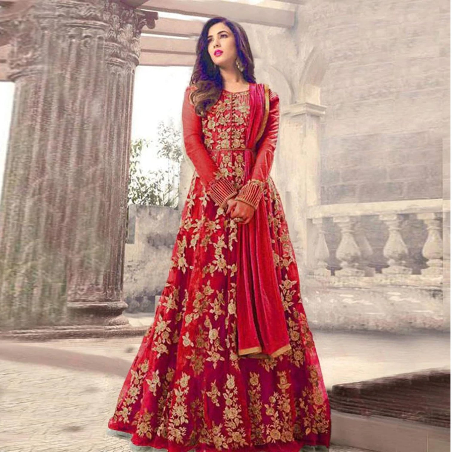 Red Net Designer Gown with Heavy Embroidery And Stone Work