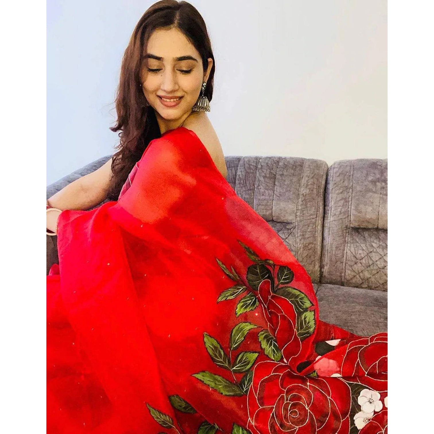 Red Organza Silk Saree with Beautiful Handprint Kardana Work and Silk Blouse for Wedding