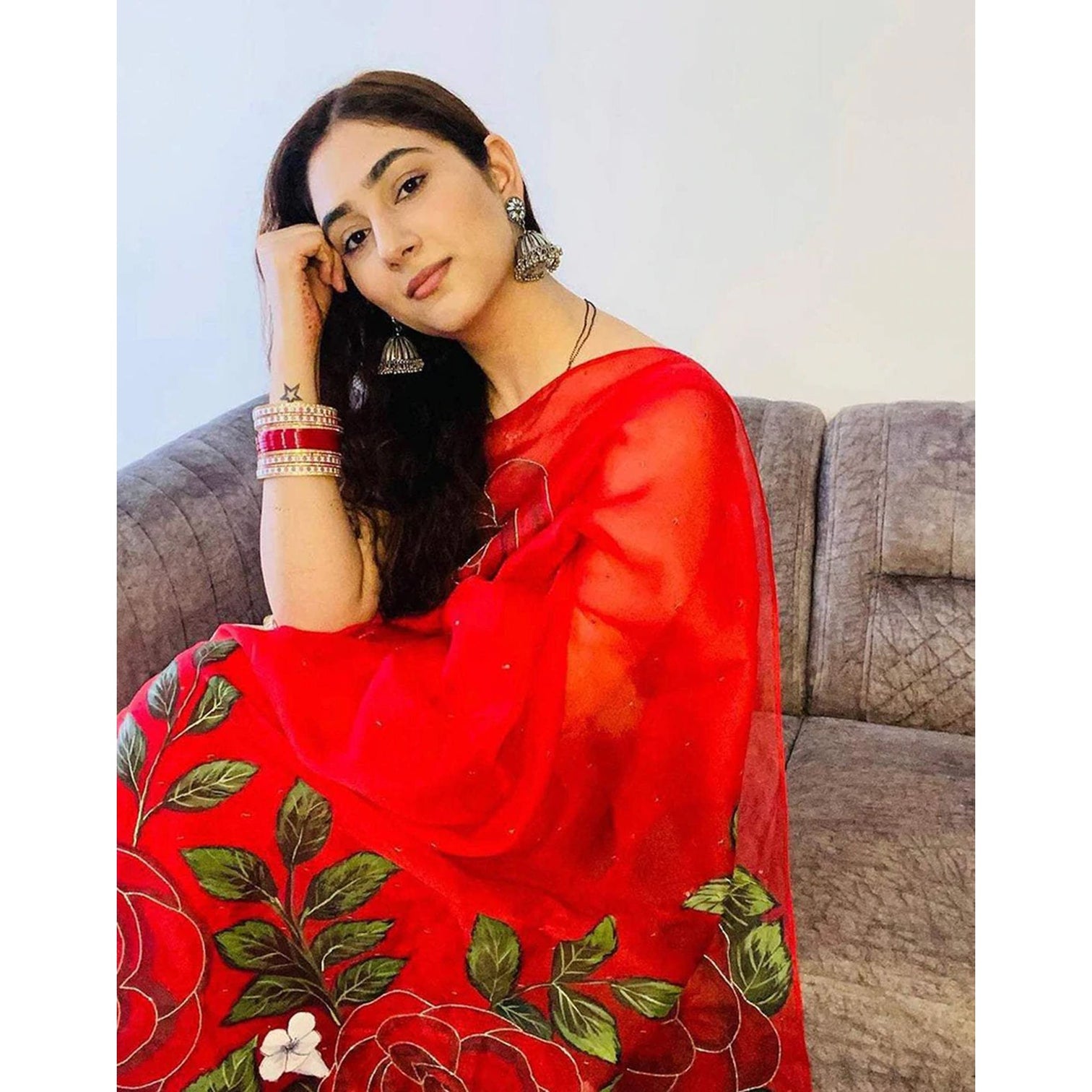 Red Organza Silk Saree with Beautiful Handprint Kardana Work and Silk Blouse for Wedding