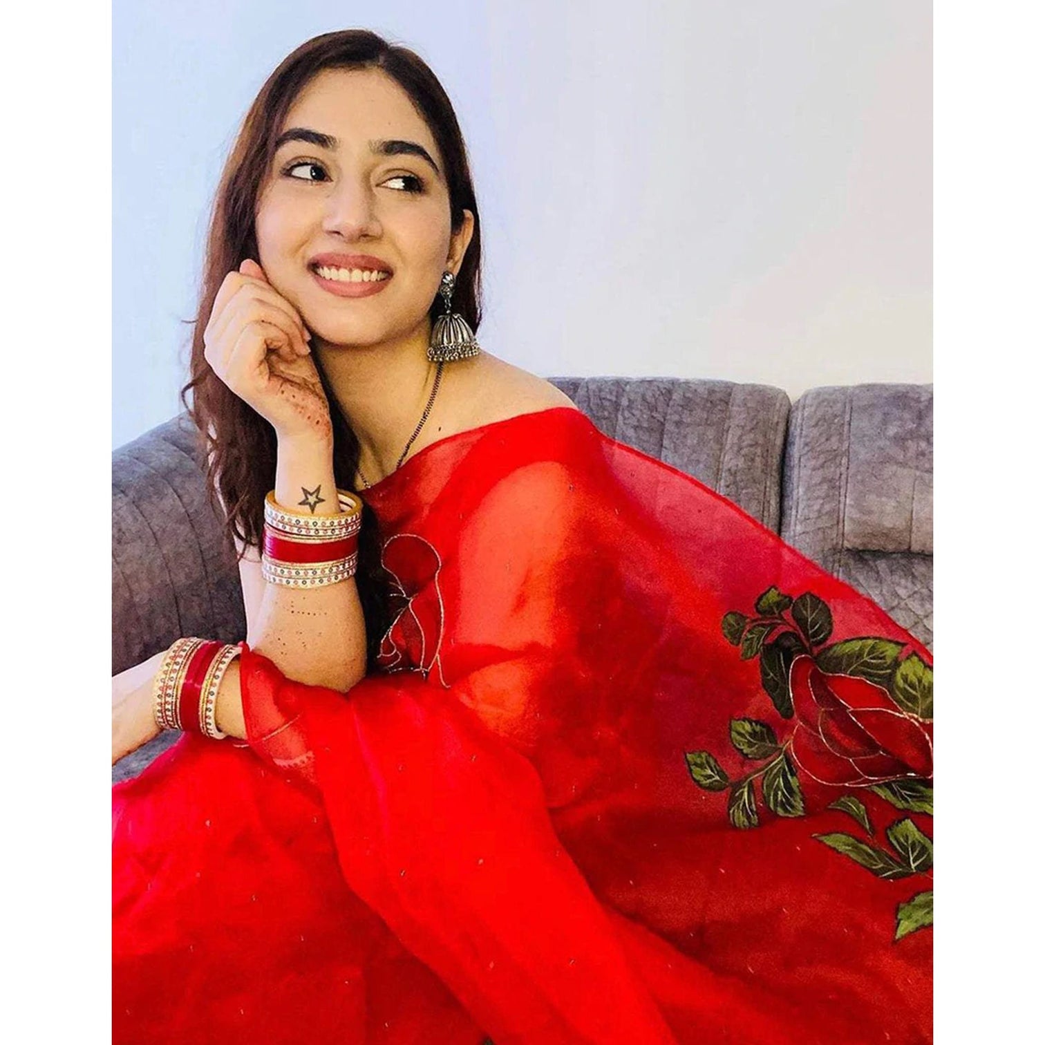 Red Organza Silk Saree with Beautiful Handprint Kardana Work and Silk Blouse for Wedding