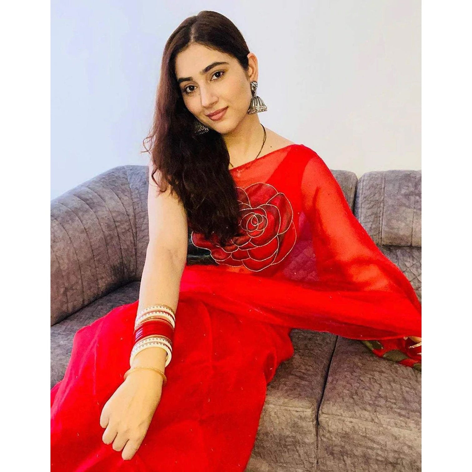 Red Organza Silk Saree with Beautiful Handprint Kardana Work and Silk Blouse for Wedding