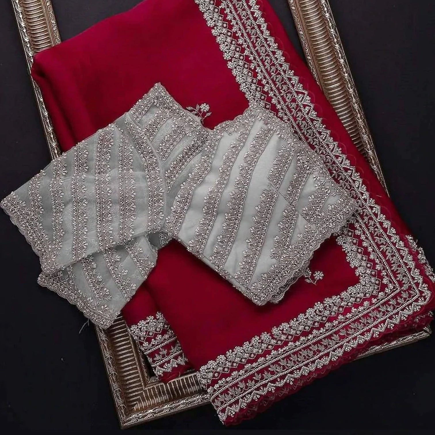 Red Organza Silk Saree with Embroidery Work for Wedding