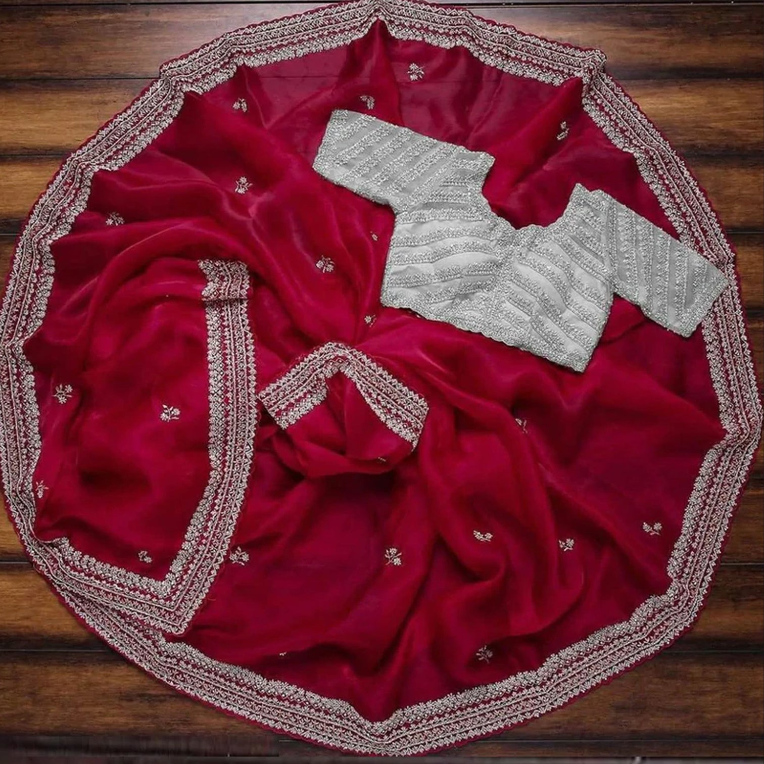 Red Organza Silk Saree with Embroidery Work for Wedding