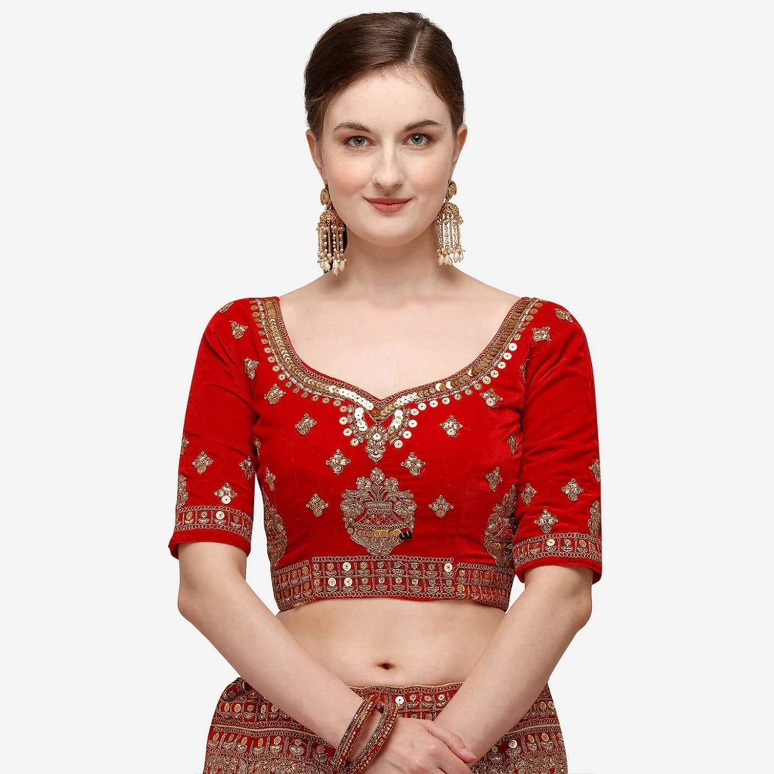 Red velvet Bridal Lehenga Choli with dual Sandwich Sequence work
