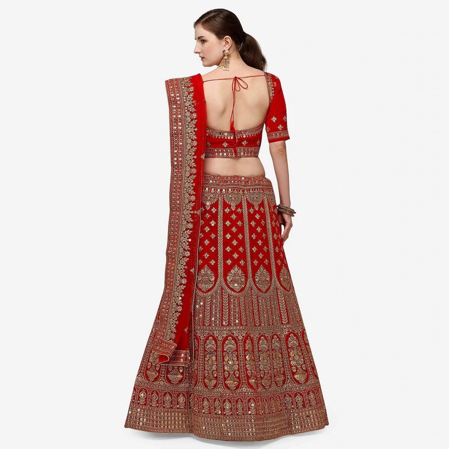 Red velvet Bridal Lehenga Choli with dual Sandwich Sequence work