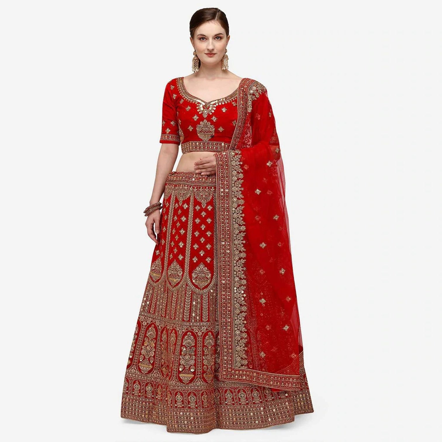 Red velvet Bridal Lehenga Choli with dual Sandwich Sequence work