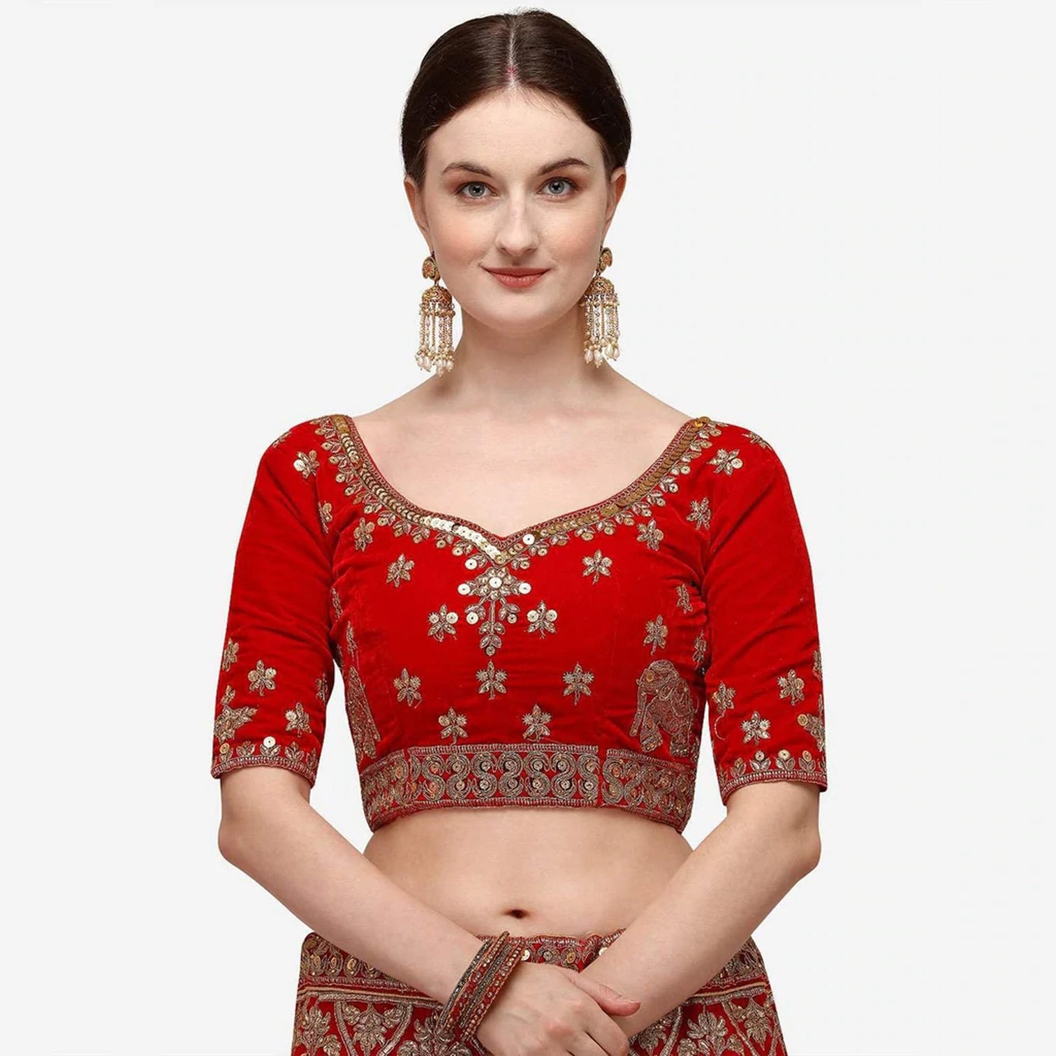 Red velvet Bridal Lehenga Choli with Sandwich Sequence work