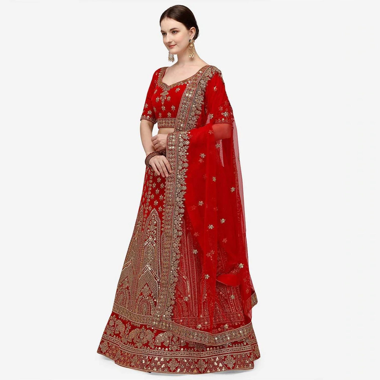 Red velvet Bridal Lehenga Choli with Sandwich Sequence work