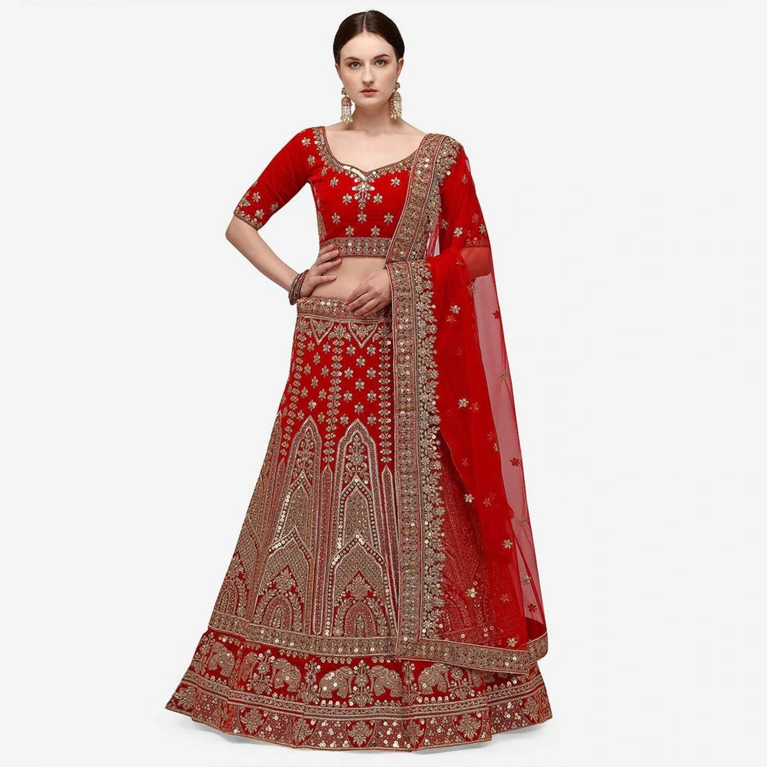 Red velvet Bridal Lehenga Choli with Sandwich Sequence work