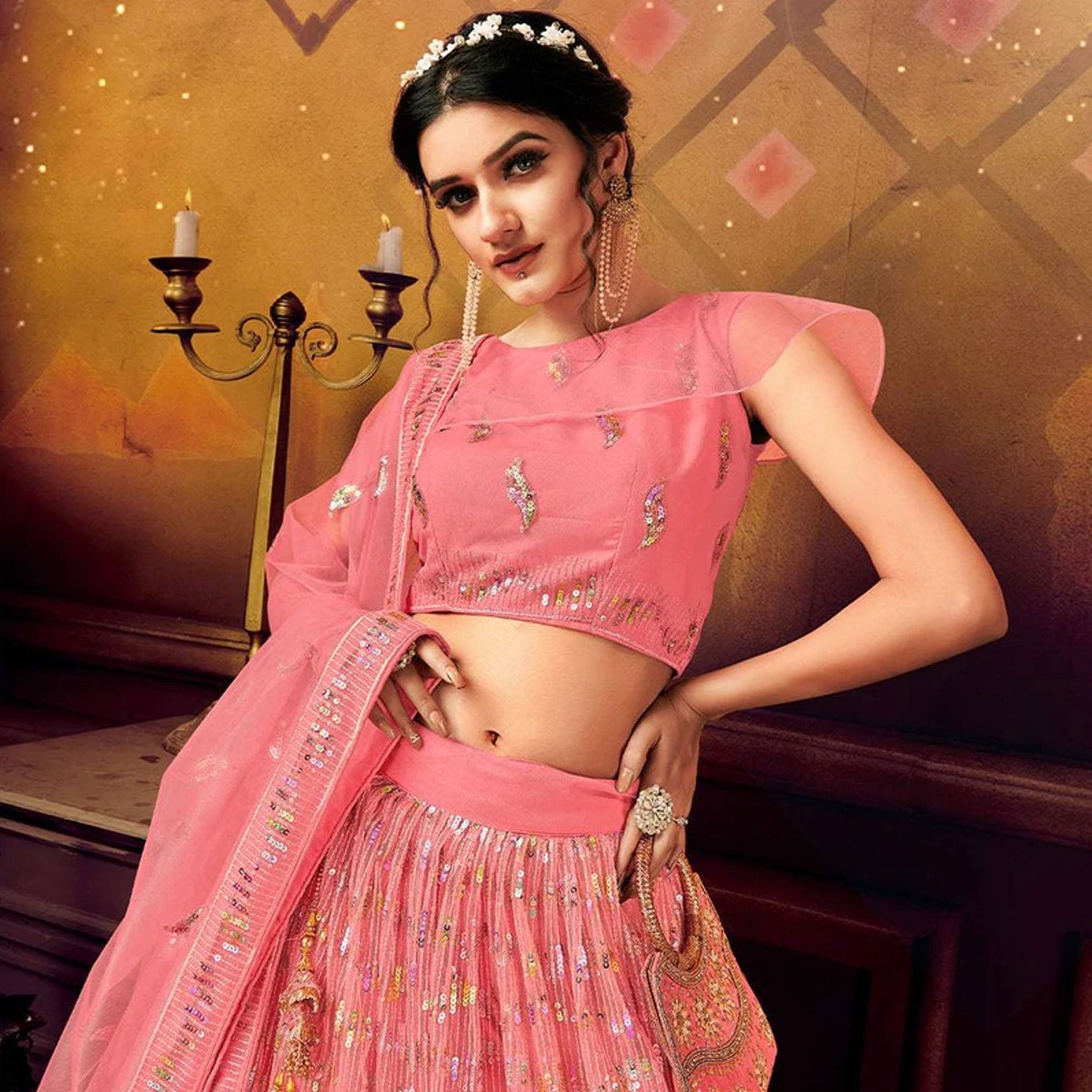 Rose Pink color Soft Net Lehenga with Heavy Sequence work