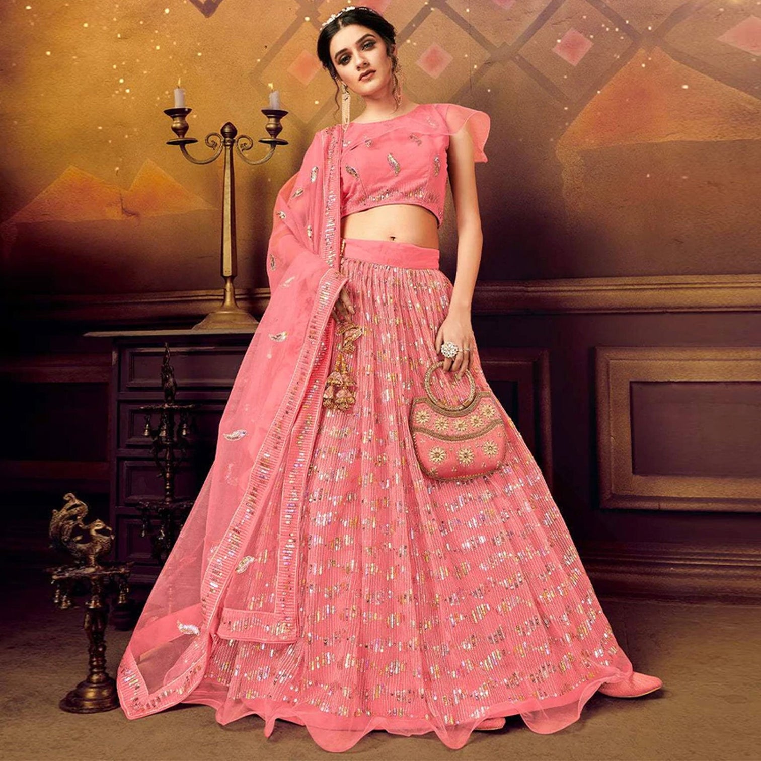 Rose Pink color Soft Net Lehenga with Heavy Sequence work