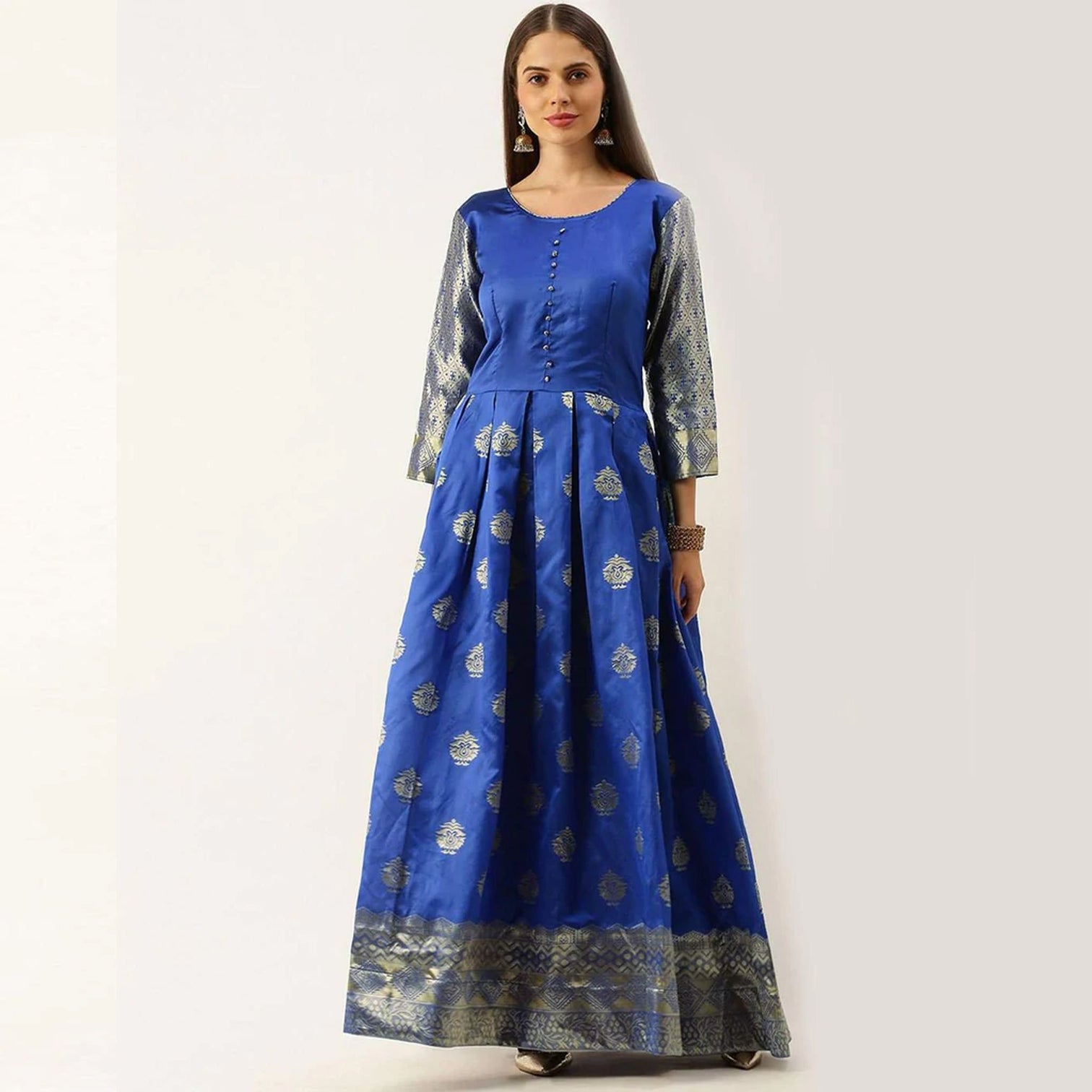 Royal Blue Color Soft Silk Box Cut Style Ready to Wear Gown