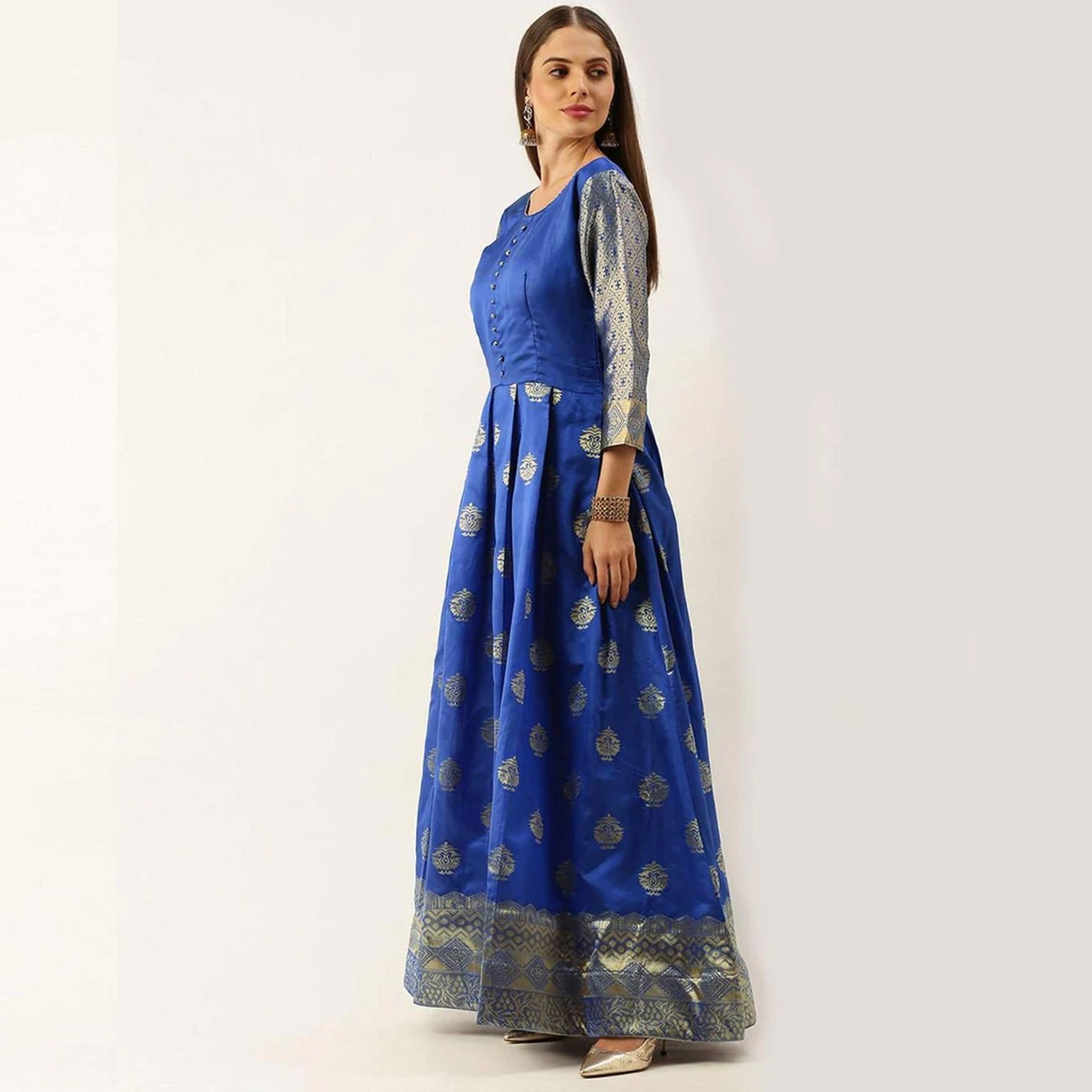 Royal Blue Color Soft Silk Box Cut Style Ready to Wear Gown