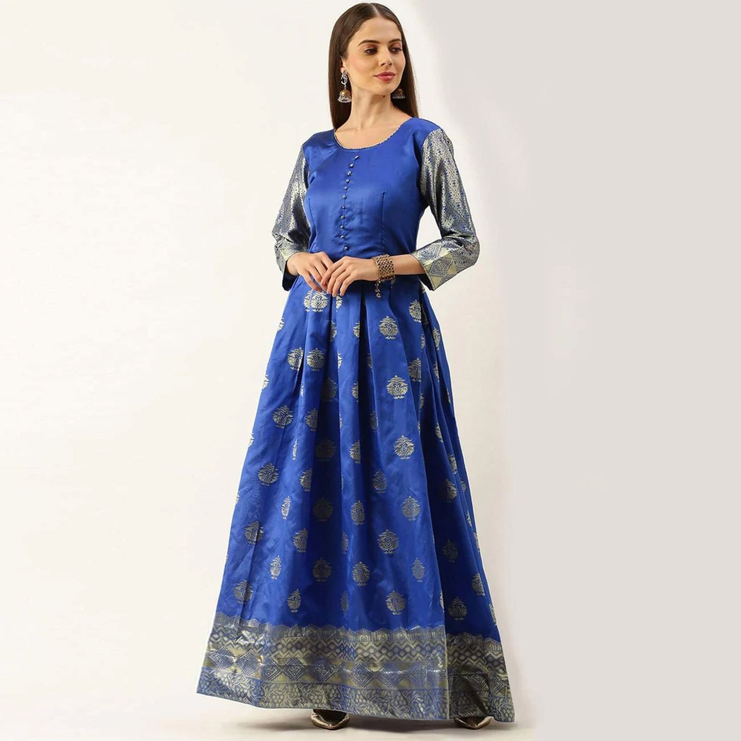 Royal Blue Color Soft Silk Box Cut Style Ready to Wear Gown