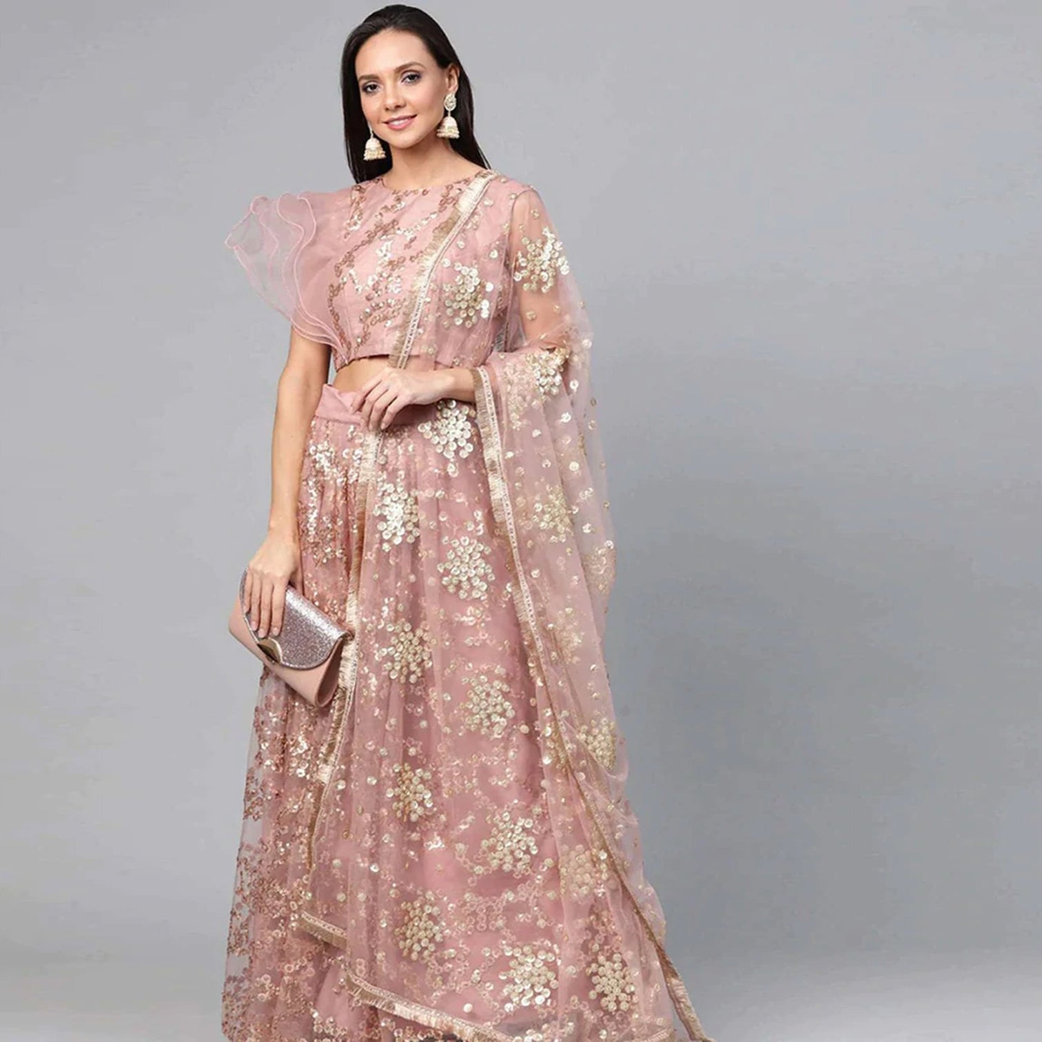 Ruddy Pink Thread, Sequence And Zari Work Lehenga choli