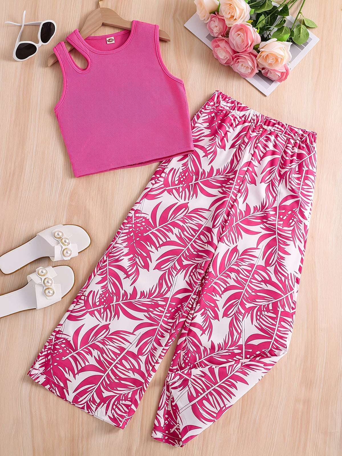 Girls Pink Ribbed Sleeveless Crop Top & Tropical Leaf Print Pants Set