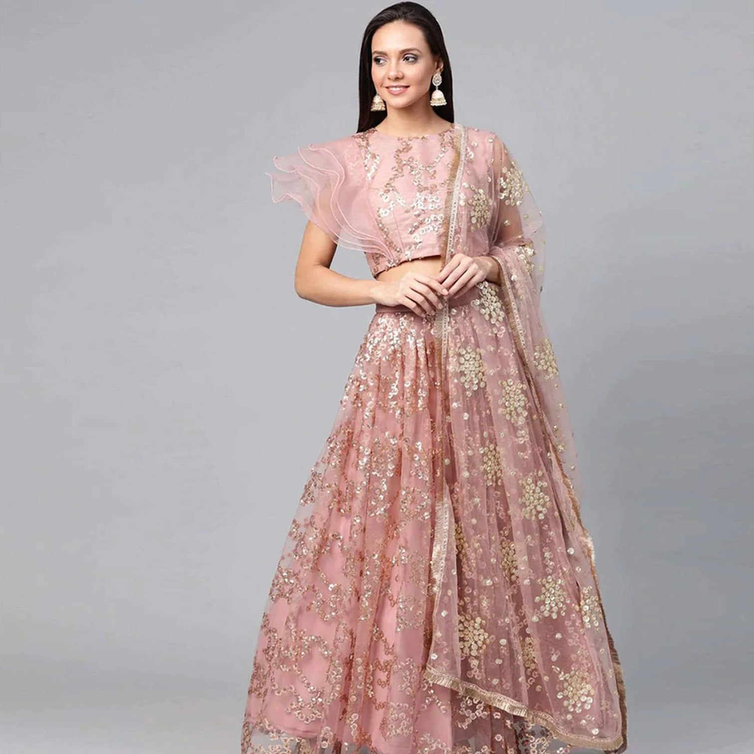 Ruddy Pink Thread, Sequence And Zari Work Lehenga choli