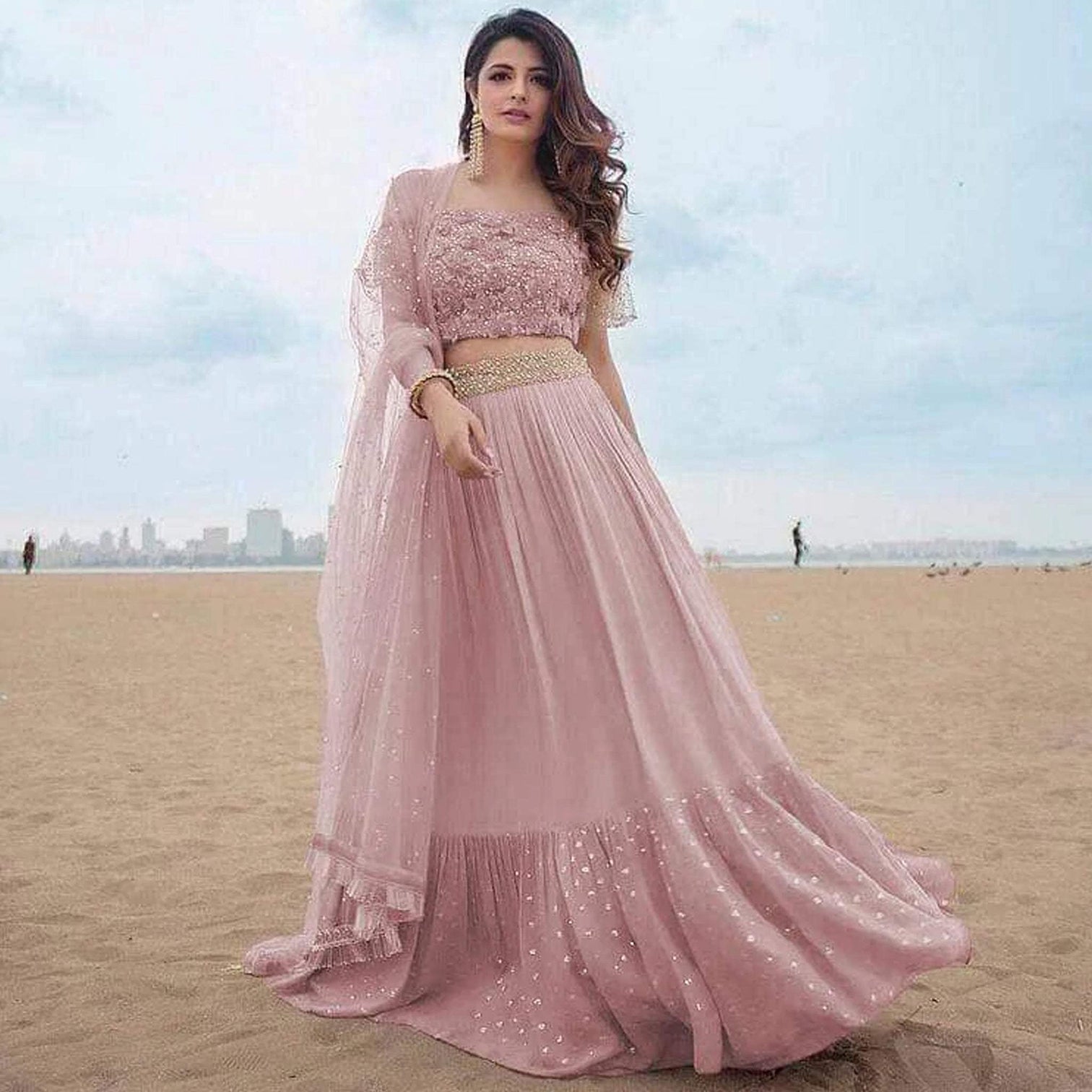 Ruffle Lehenga Choli in Sand Pink Color and Georgette with Embroidery