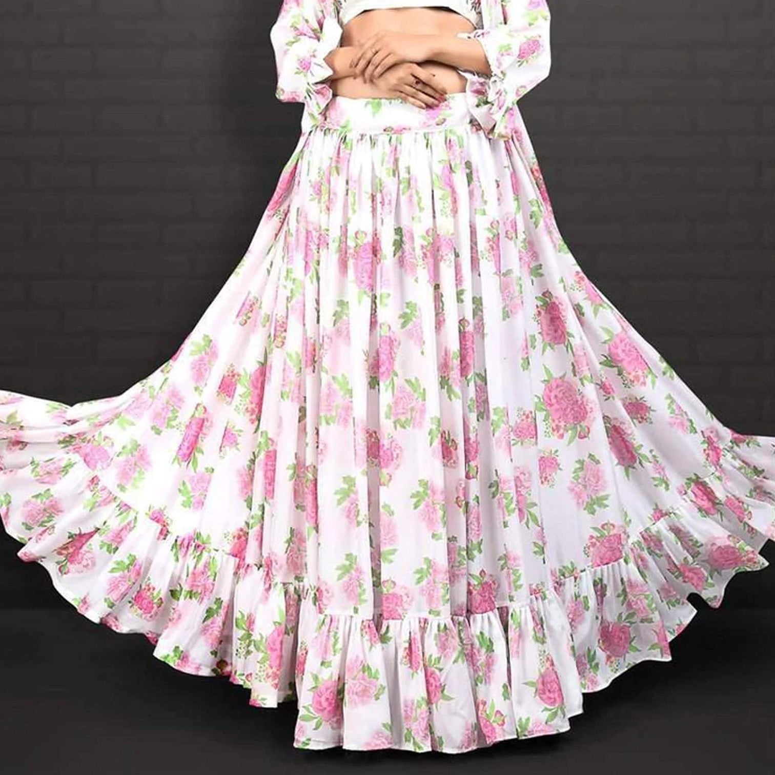 Ruffled White Floral Digital Printed Jacket Lehenga in Georgette