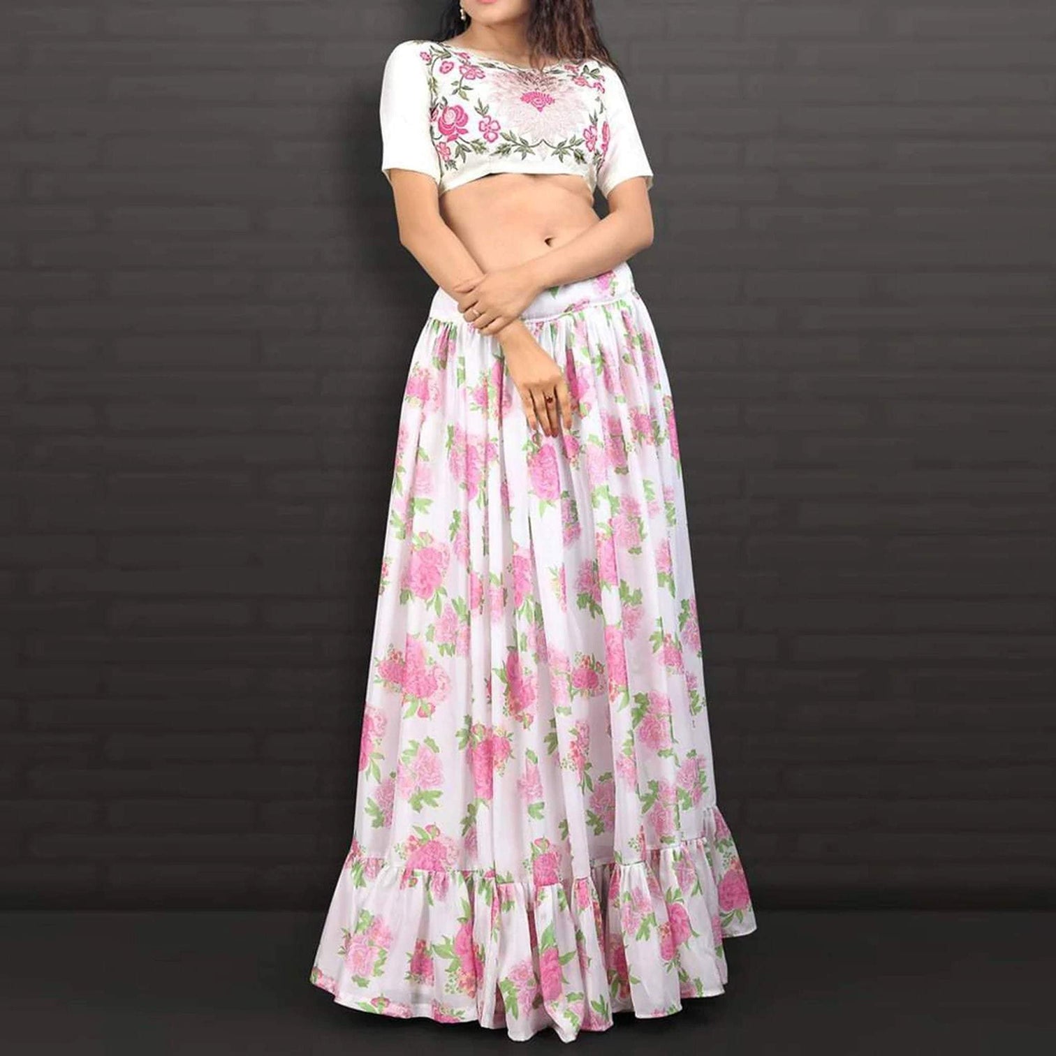 Ruffled White Floral Digital Printed Jacket Lehenga in Georgette