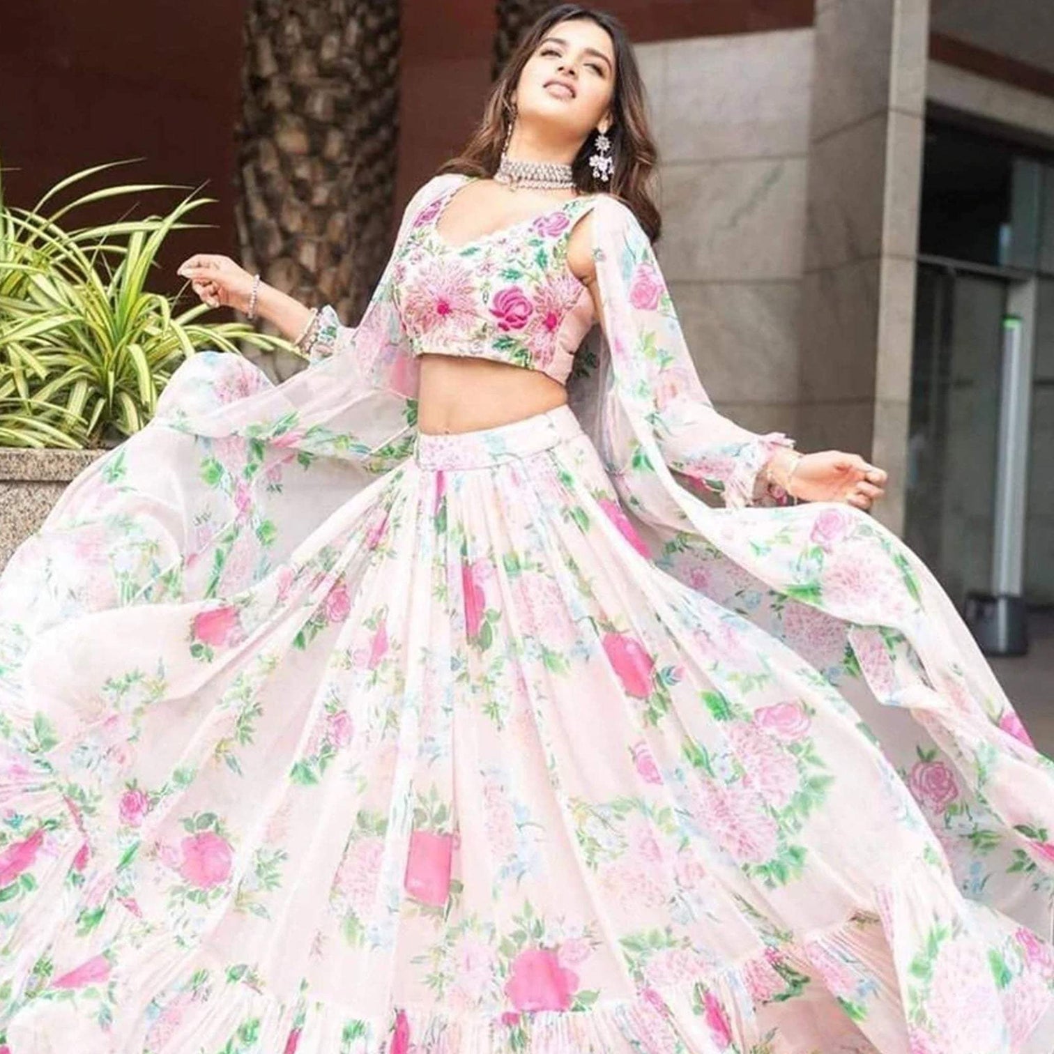 Ruffled White Floral Digital Printed Jacket Lehenga in Georgette