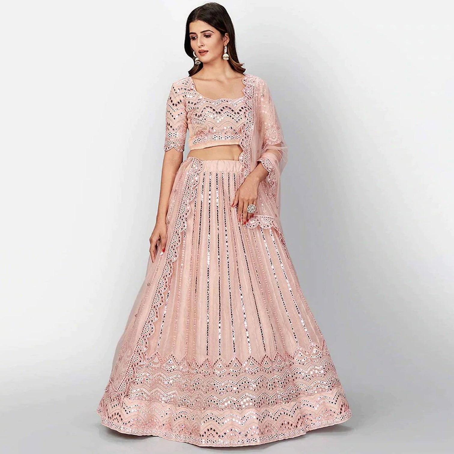 Salmon Thread and Foil Mirror Cutwork Lehenga choli
