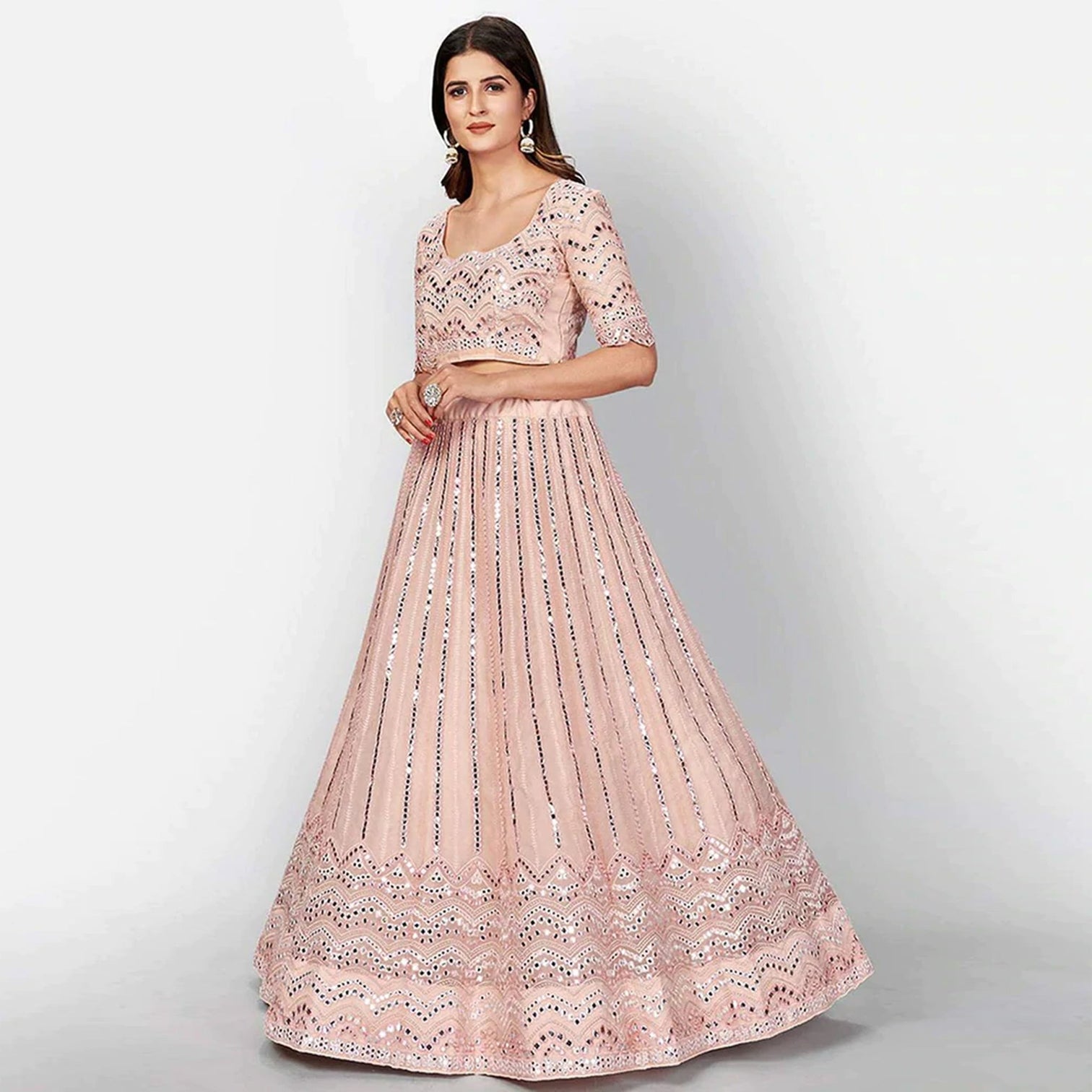 Salmon Thread and Foil Mirror Cutwork Lehenga choli