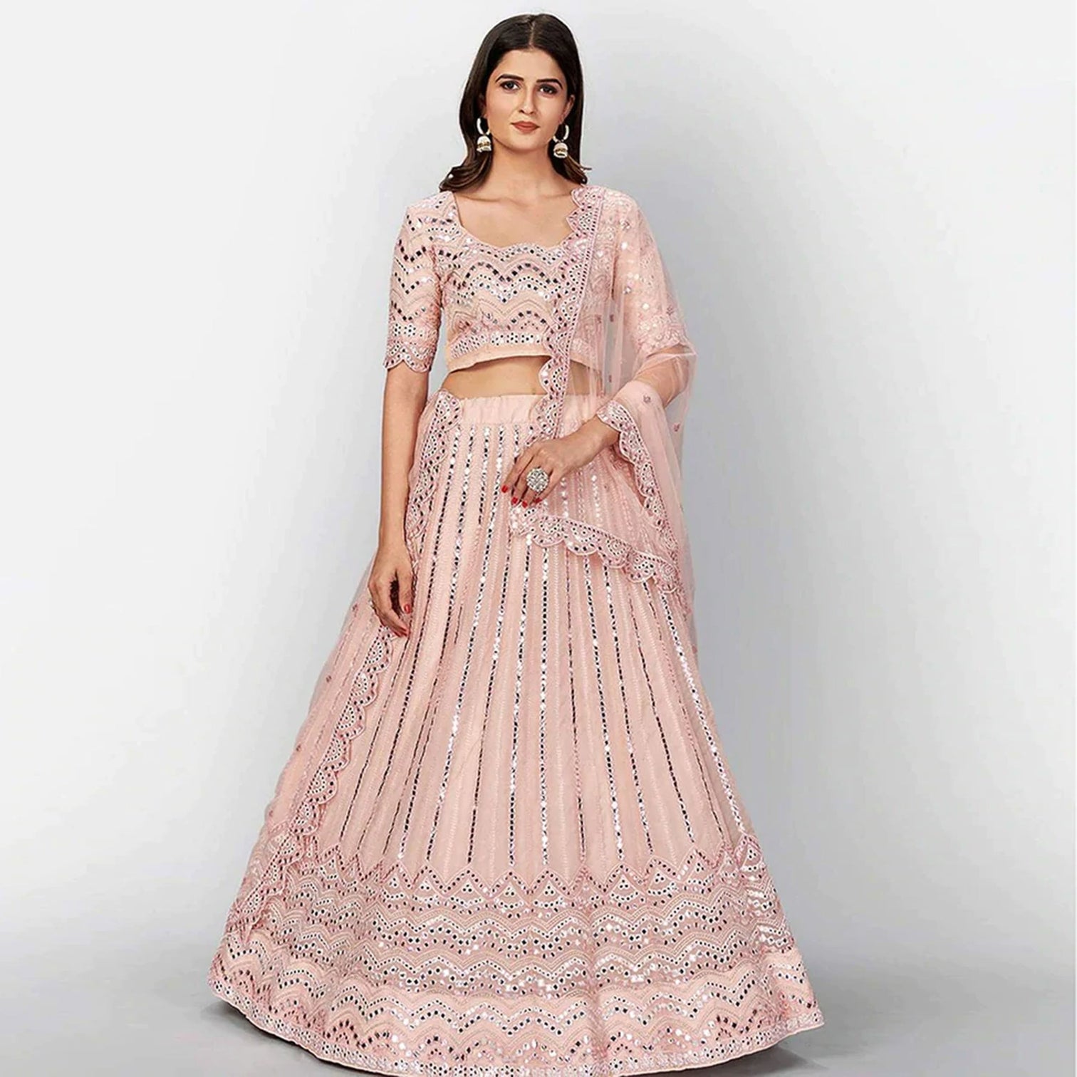 Salmon Thread and Foil Mirror Cutwork Lehenga choli