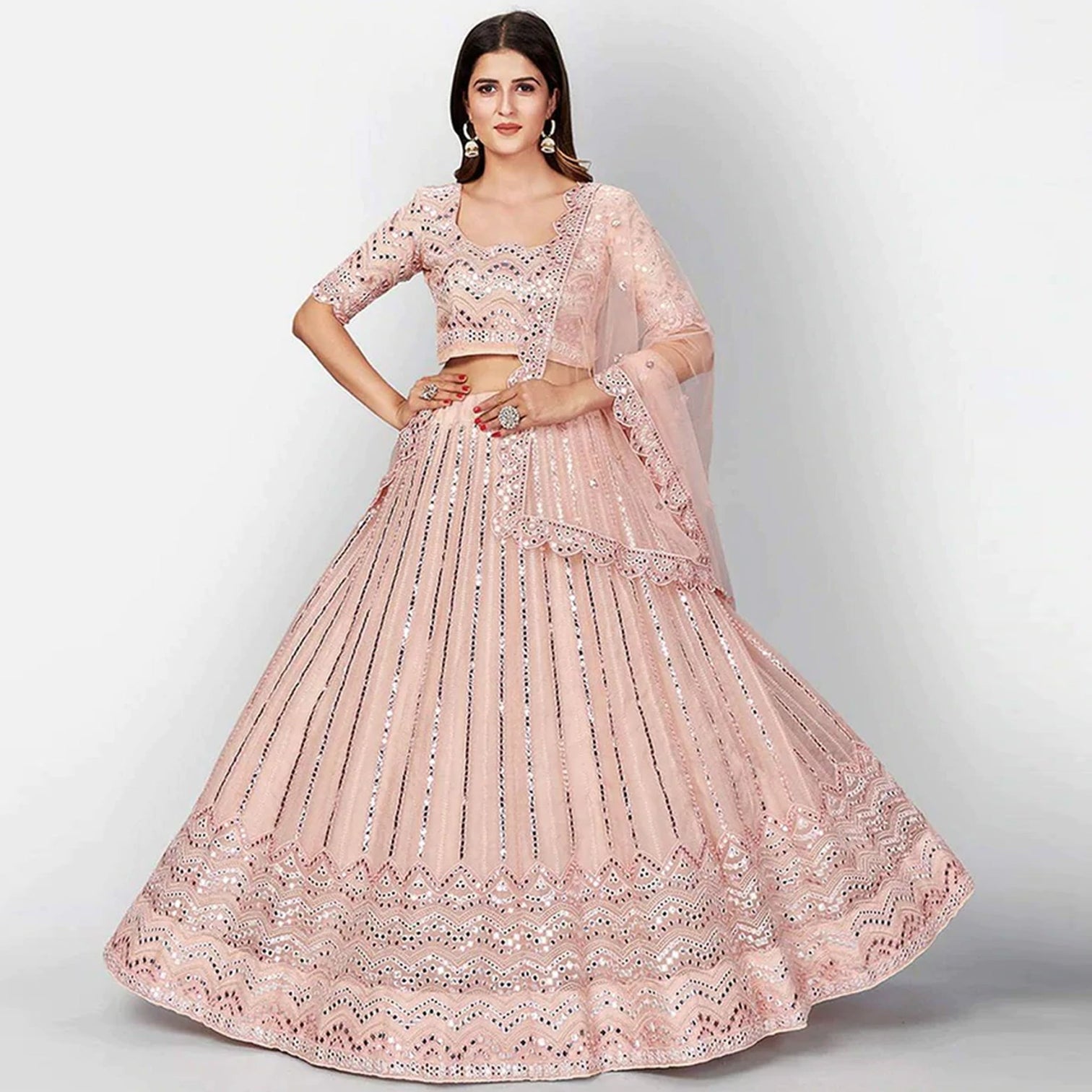 Salmon Thread and Foil Mirror Cutwork Lehenga choli