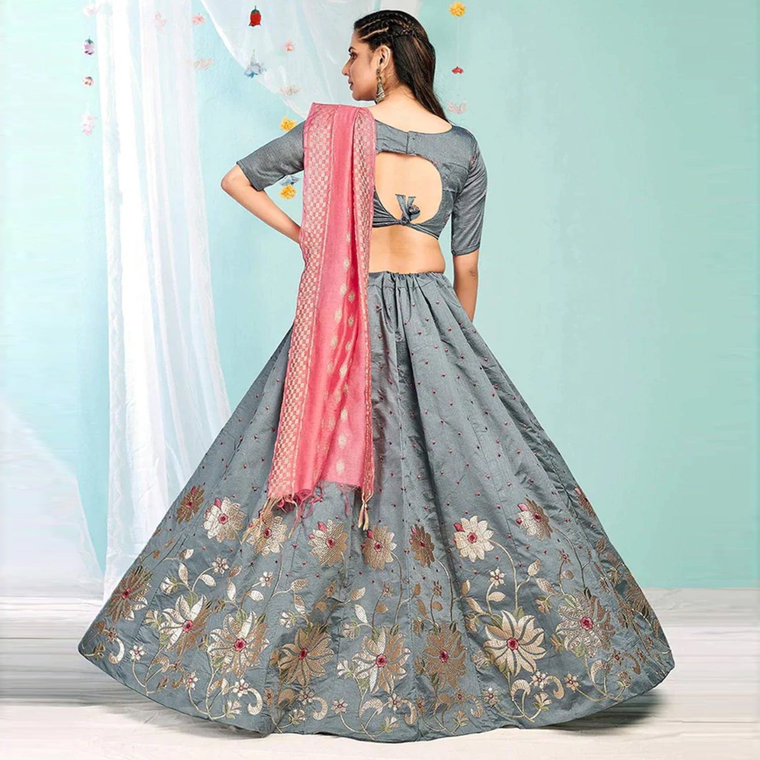 Santa Grey Gota Patti and Zari Stich Without can can work Lehenga choli