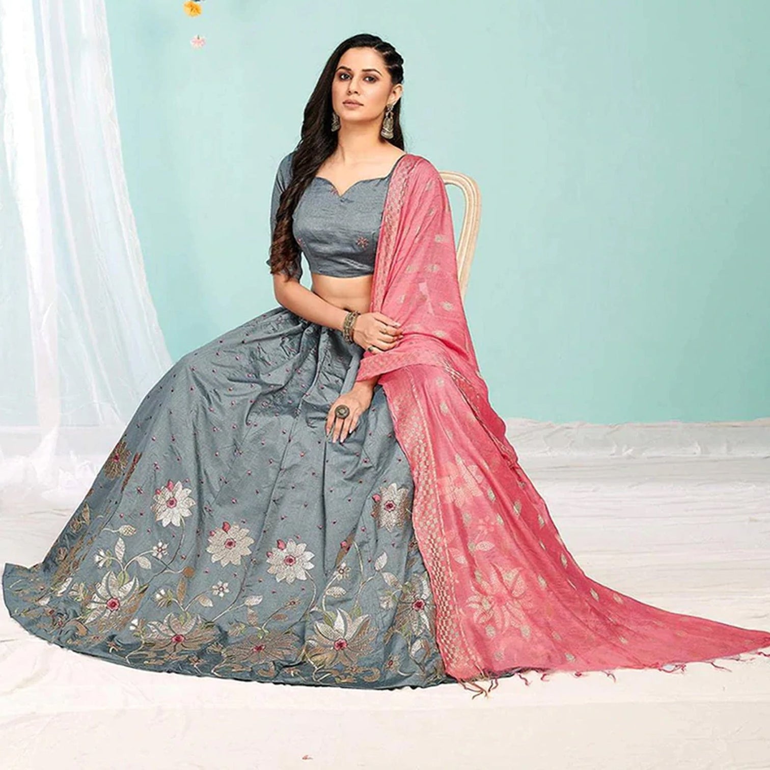 Santa Grey Gota Patti and Zari Stich Without can can work Lehenga choli