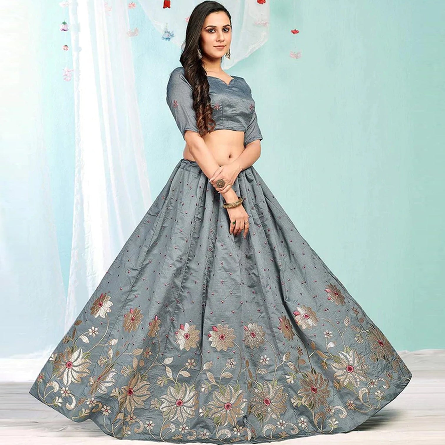 Santa Grey Gota Patti and Zari Stich Without can can work Lehenga choli
