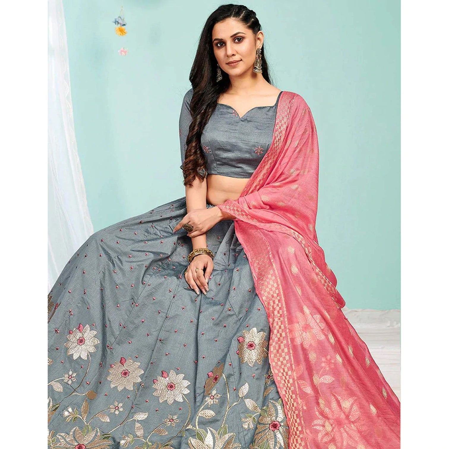 Santa Grey Gota Patti and Zari Stich Without can can work Lehenga choli