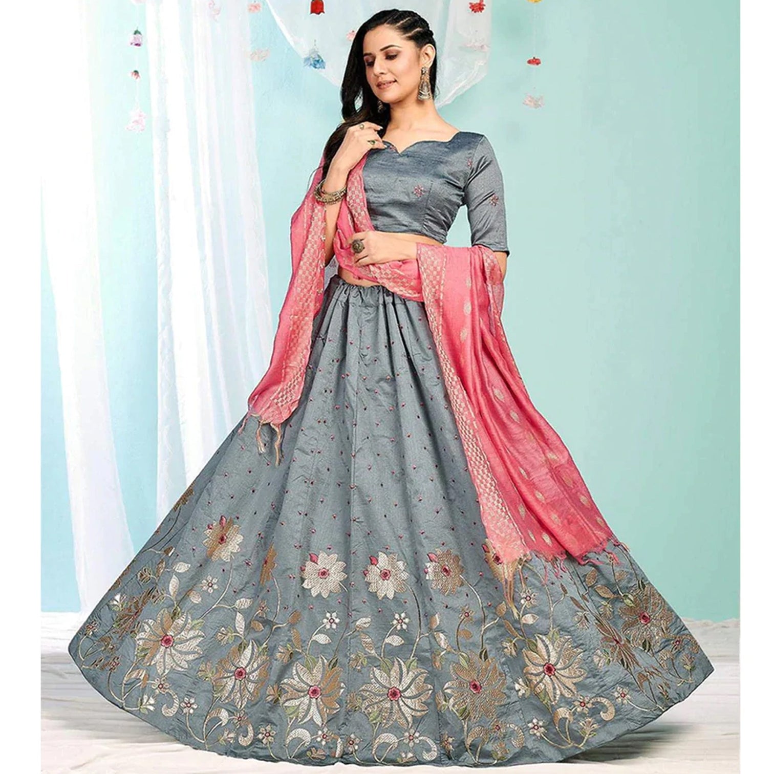 Santa Grey Gota Patti and Zari Stich Without can can work Lehenga choli