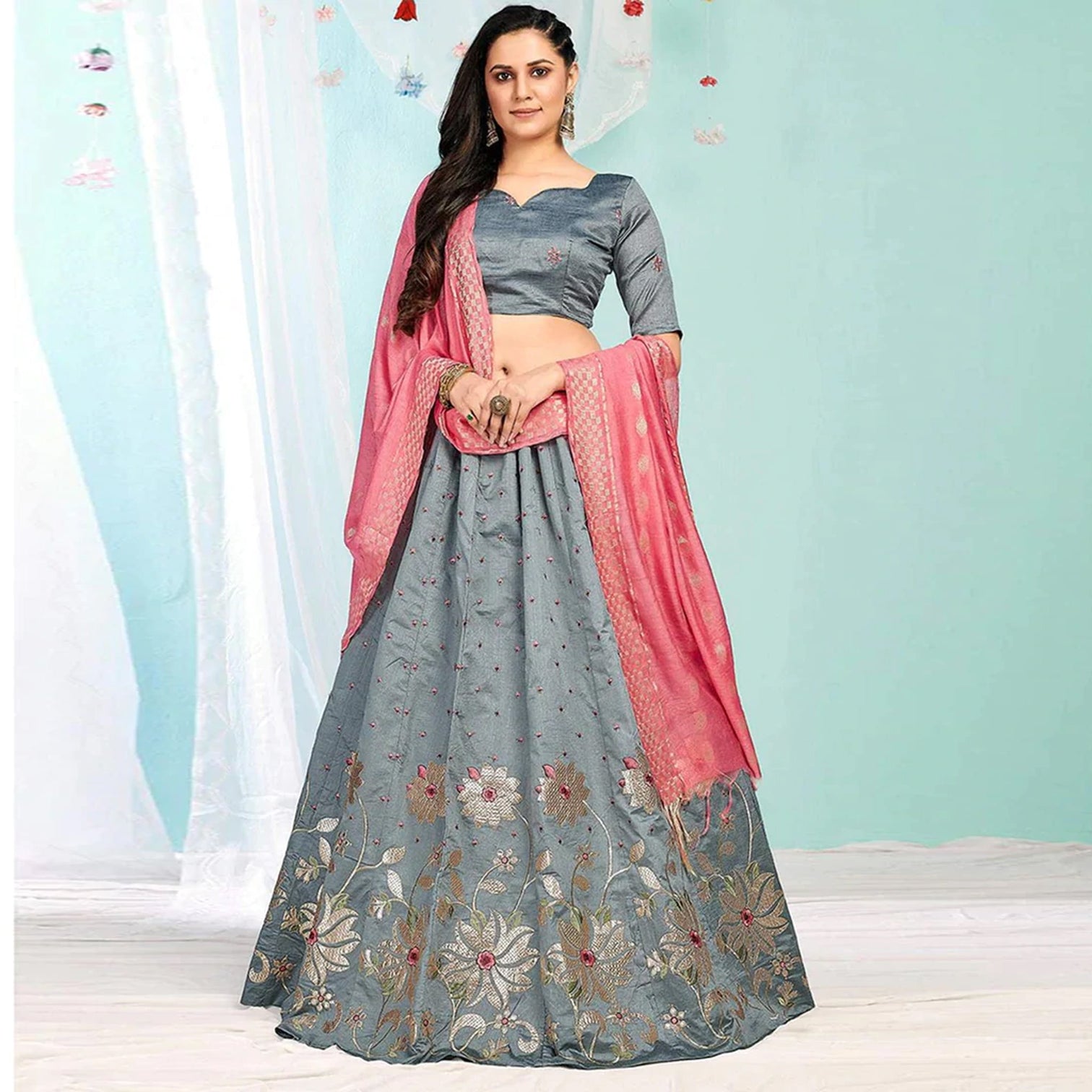 Santa Grey Gota Patti and Zari Stich Without can can work Lehenga choli