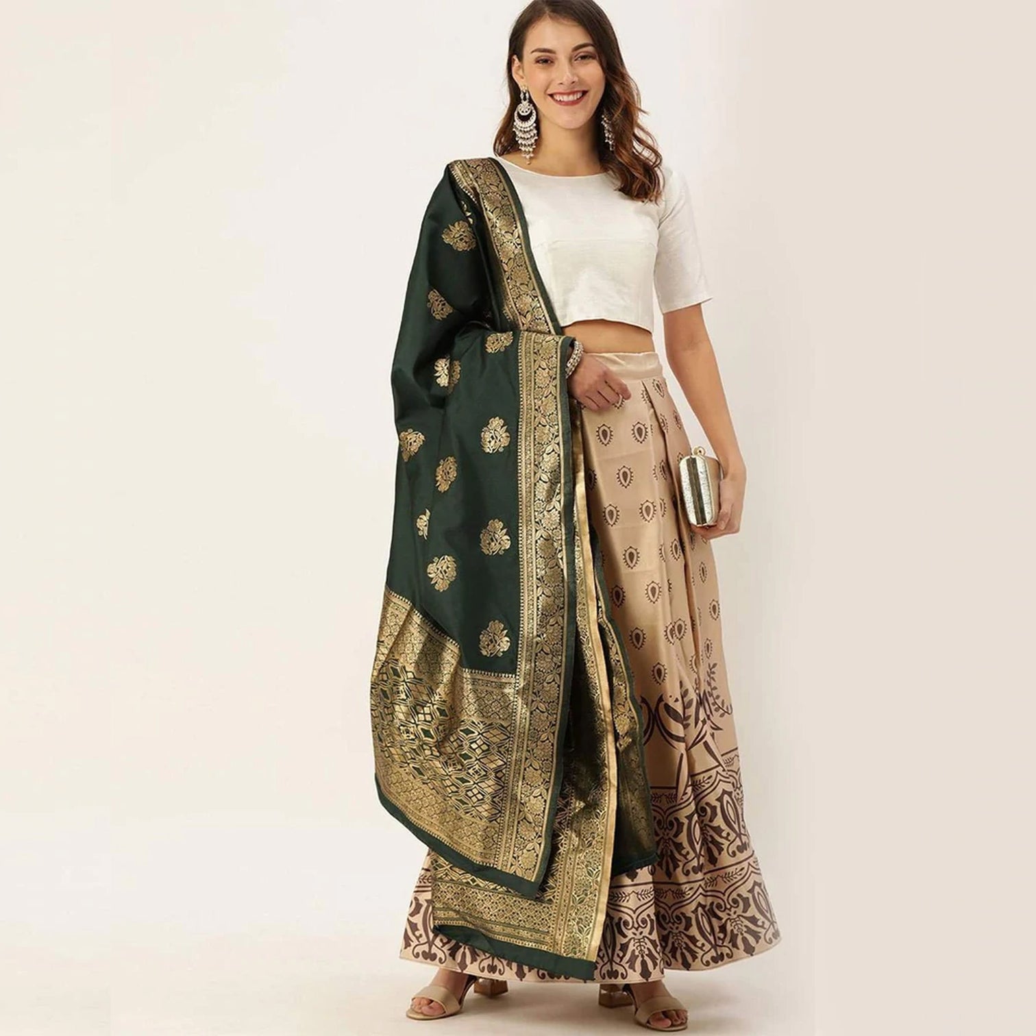 Satin Silk Lehenga Choli with Unstitch White Blouse and Jacquard Readymade Dupatta