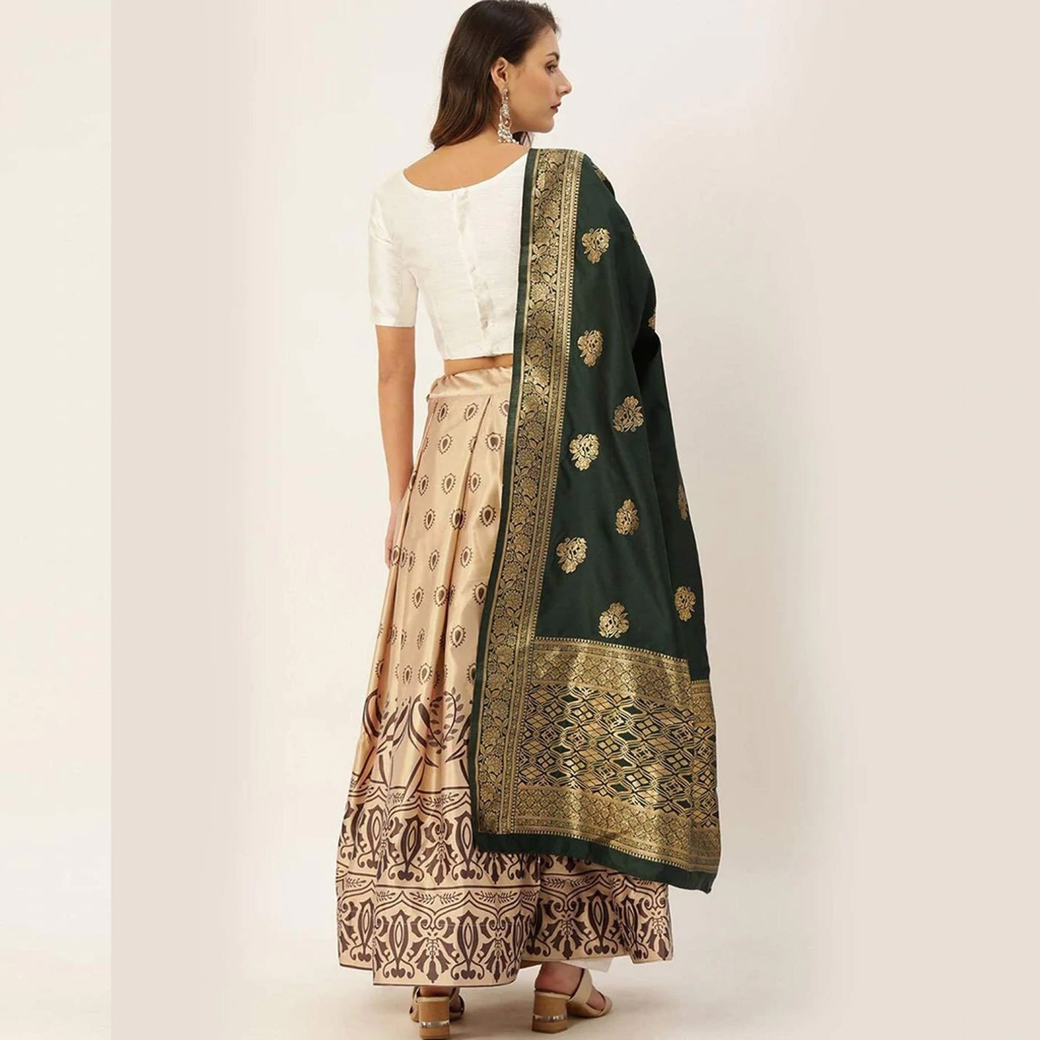 Satin Silk Lehenga Choli with Unstitch White Blouse and Jacquard Readymade Dupatta