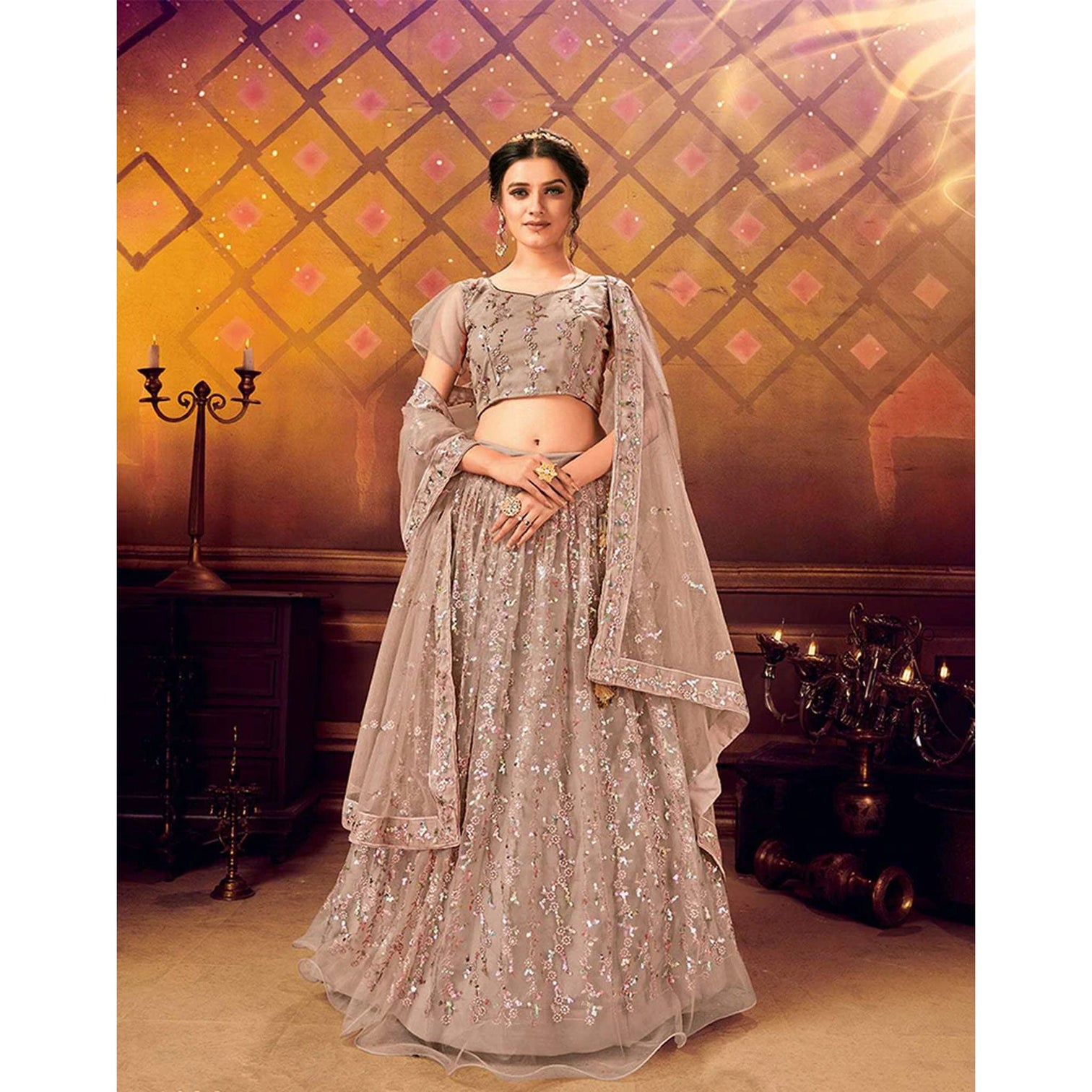 Light Brown color Soft Net Lahenga with Sequence work