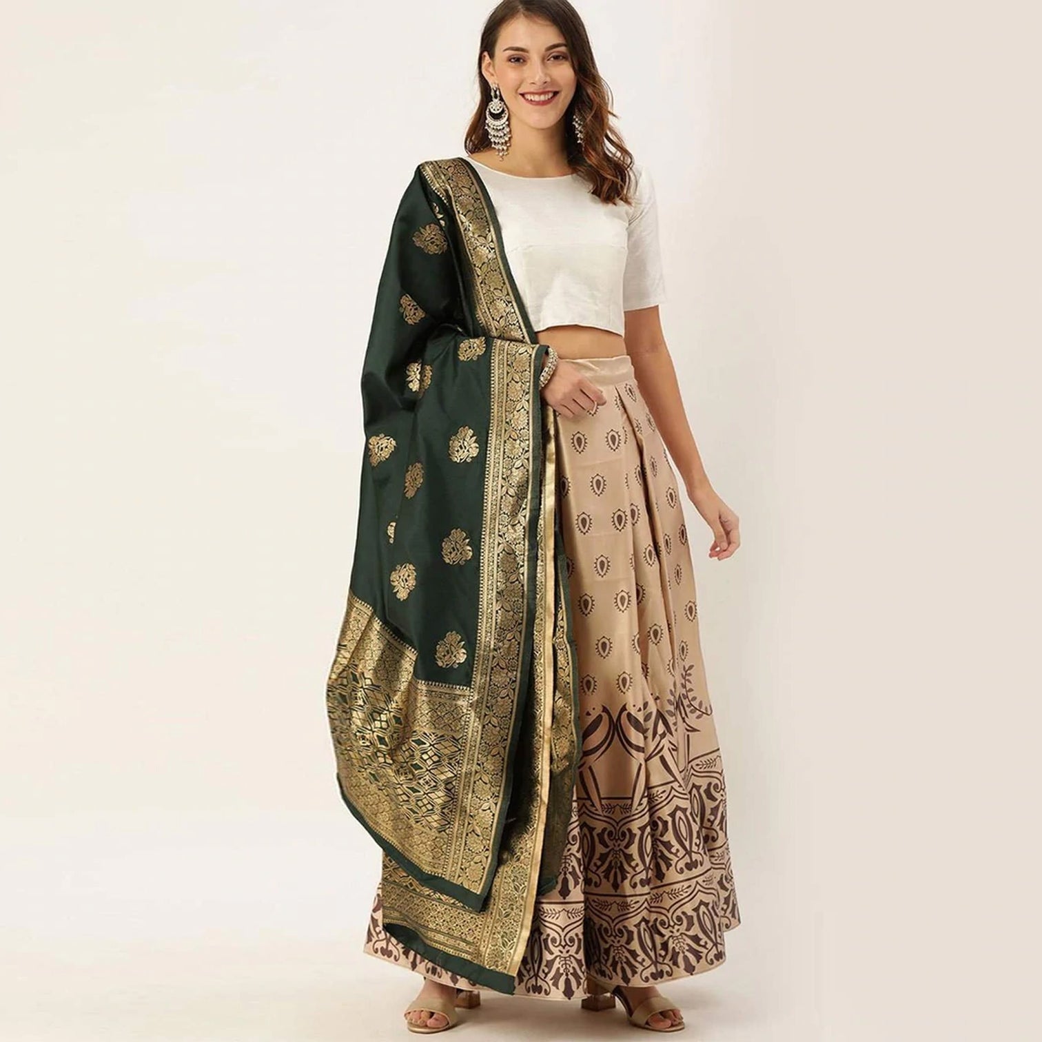 Satin Silk Lehenga Choli with Unstitch White Blouse and Jacquard Readymade Dupatta