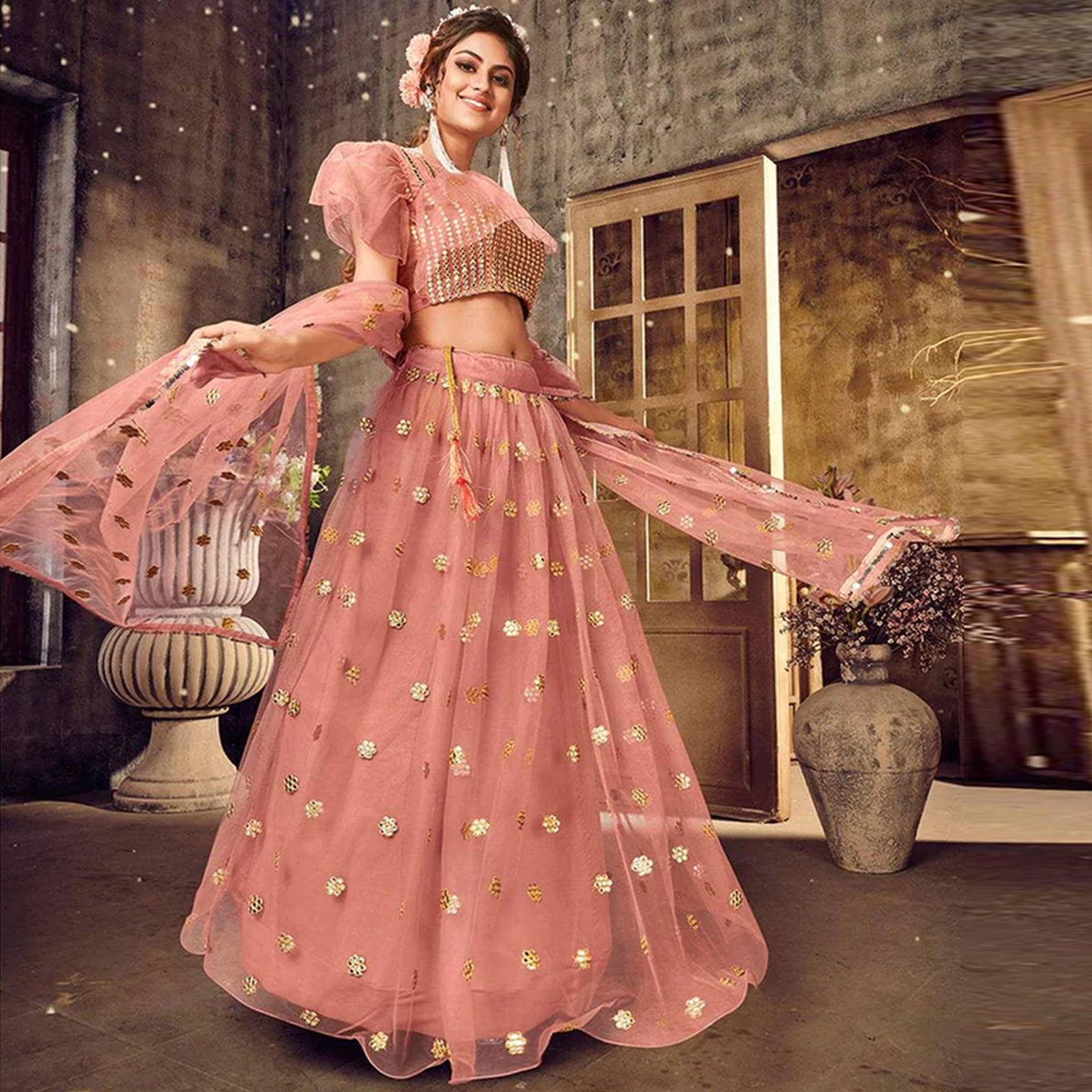 Sea Pink color Soft Net Lehenga choli
