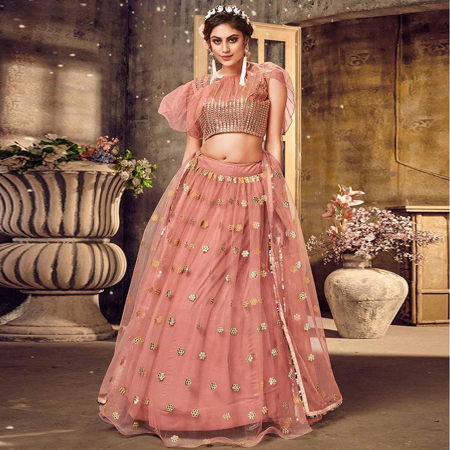 Sea Pink color Soft Net Lehenga choli