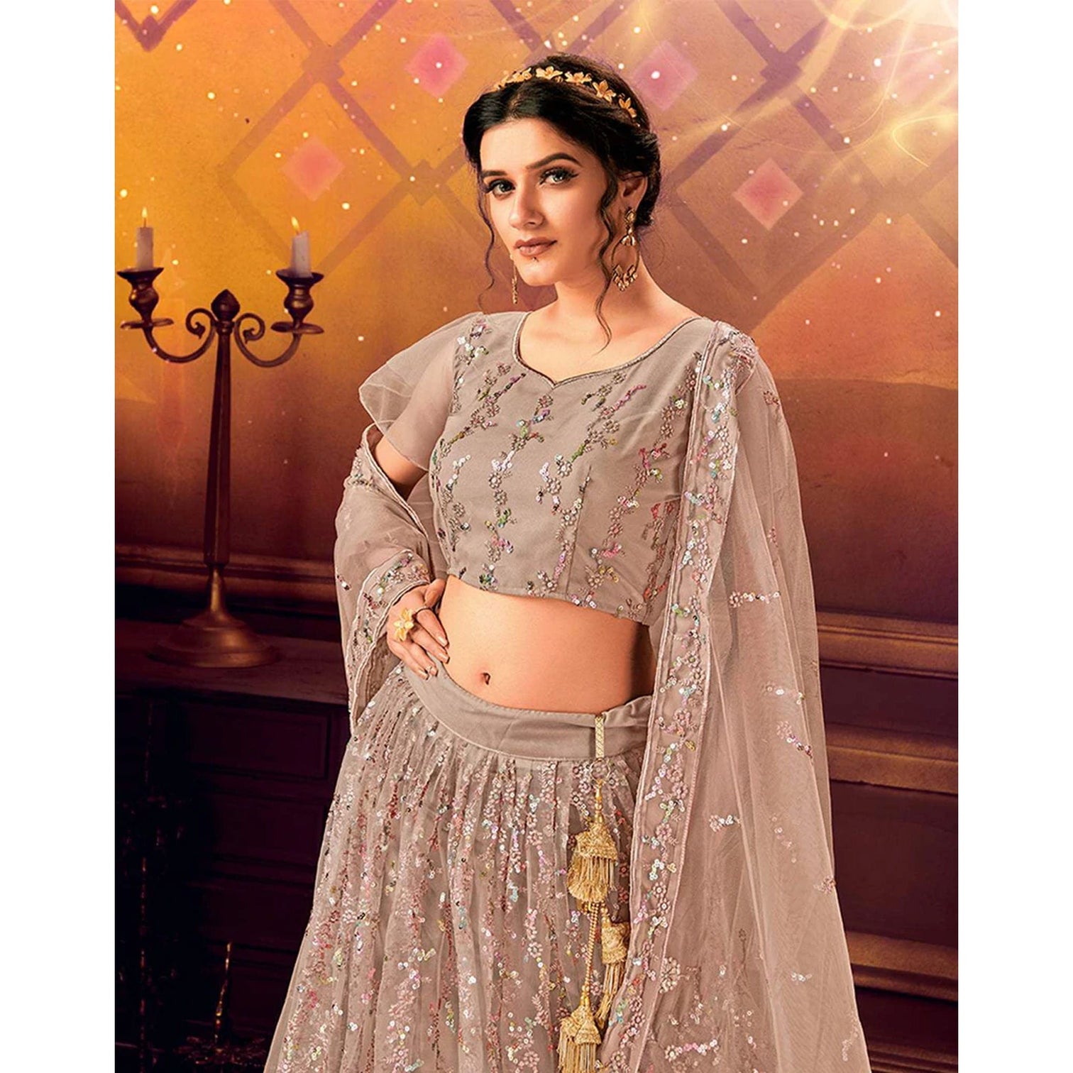 Light Brown color Soft Net Lahenga with Sequence work