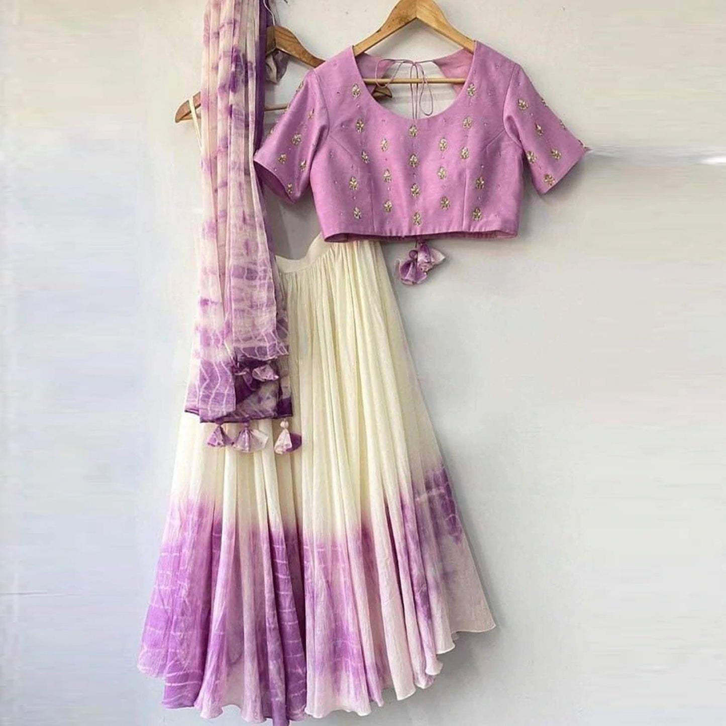 Shibori Marble Dyed Lehenga with Raw Silk Hand Embroidered Blouse In Multi Colors