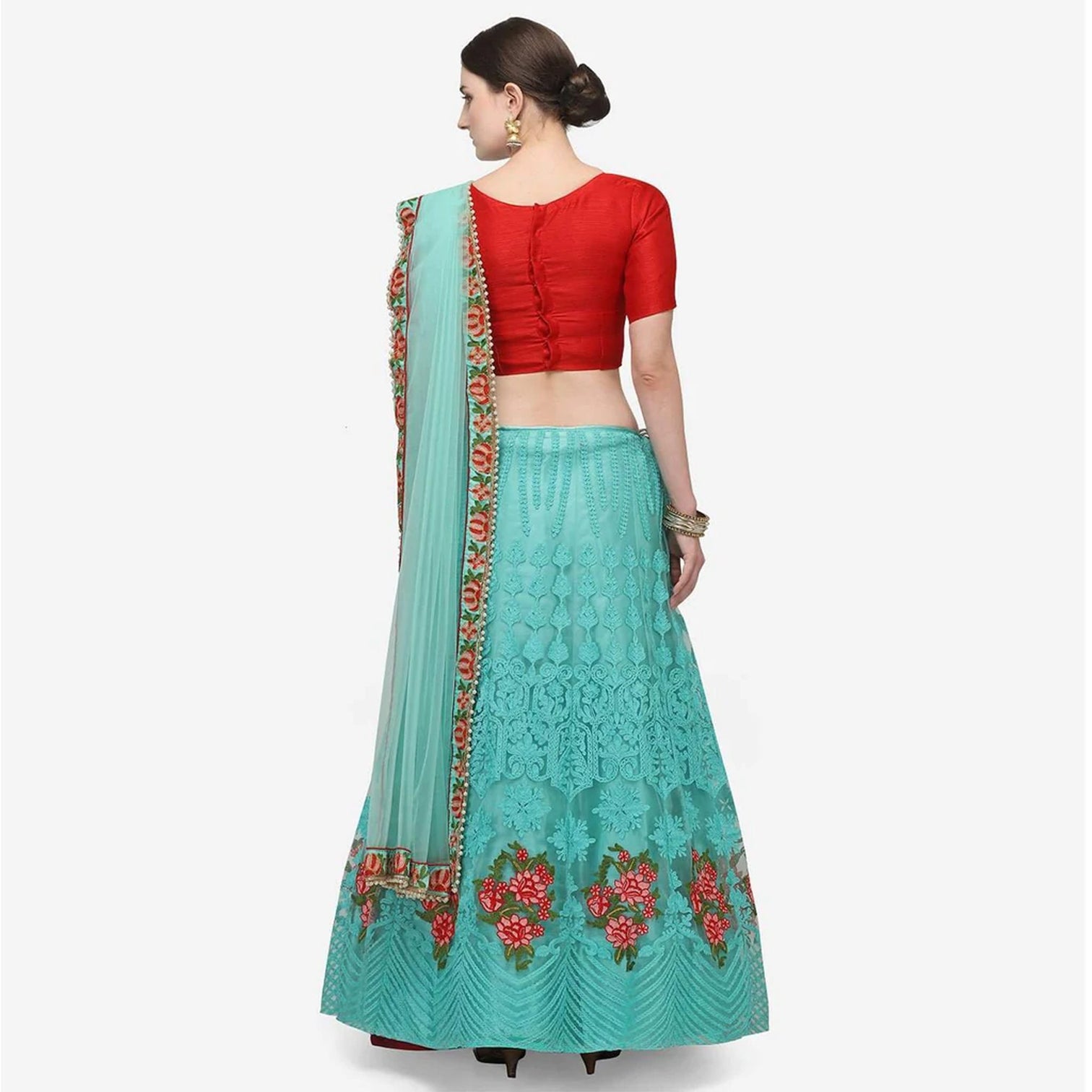 Sky Blue and Red Lehenga Choli with Heavy Embroidery Work