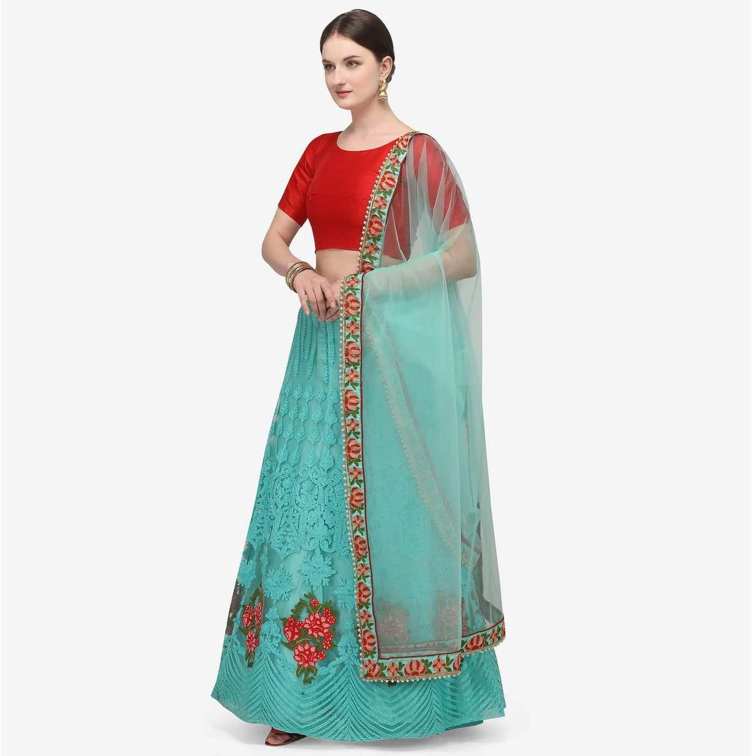 Sky Blue and Red Lehenga Choli with Heavy Embroidery Work