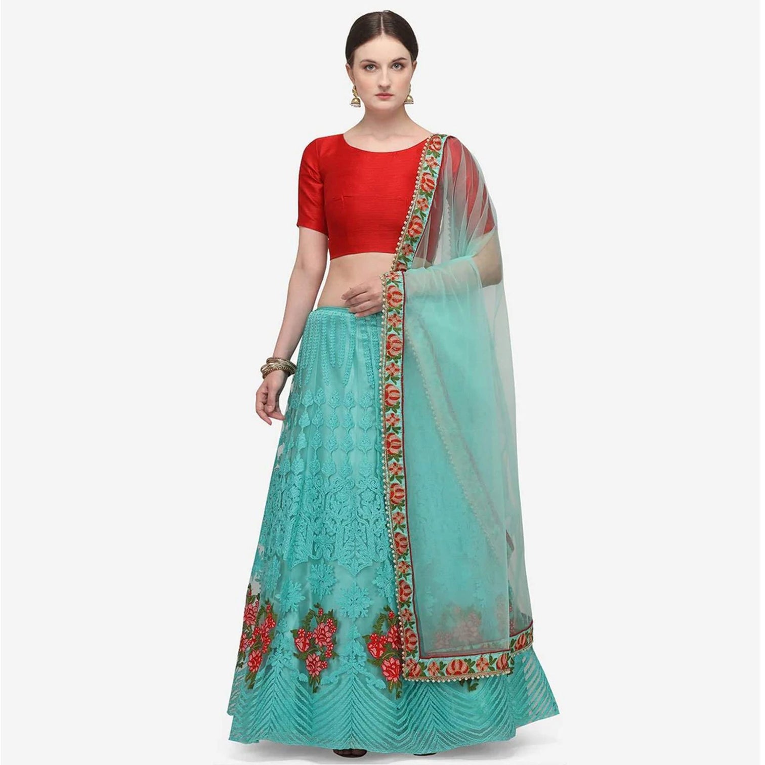 Sky Blue and Red Lehenga Choli with Heavy Embroidery Work