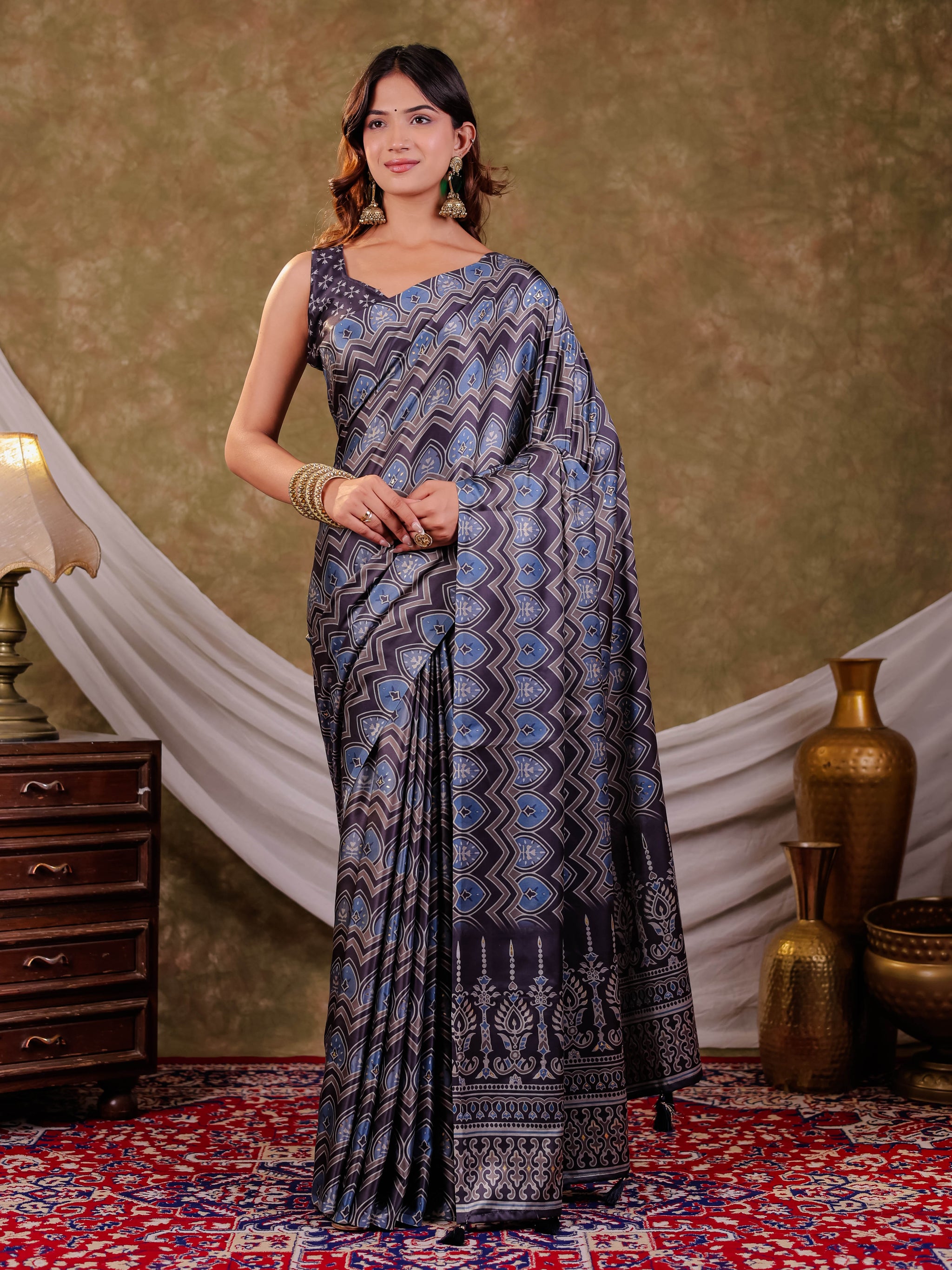 Slate Grey Pure Chinnon Ajrakh Printed Saree with Tassel Edges, Chevron Geometric Print, Designer Ethnic Border & Matching Blouse Piece