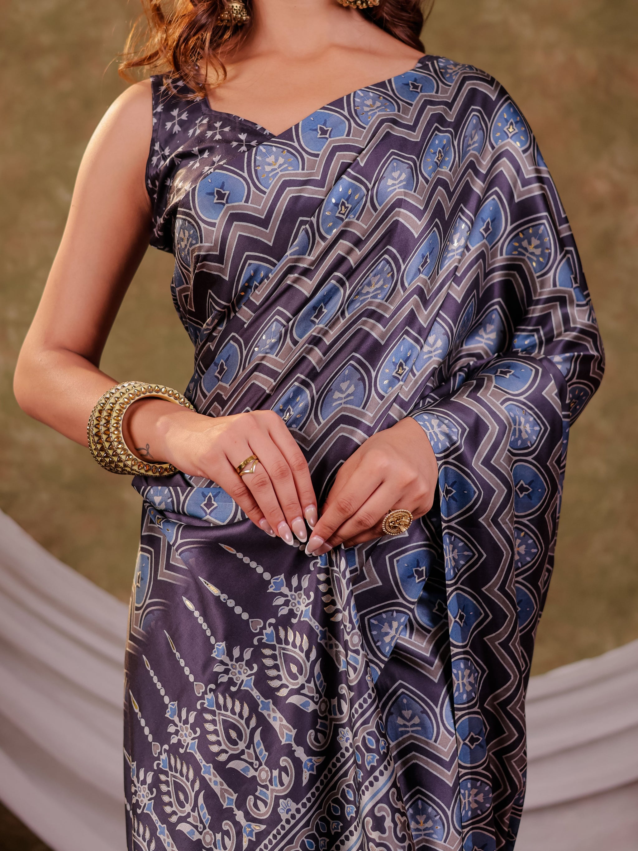 Slate Grey Pure Chinnon Ajrakh Printed Saree with Tassel Edges, Chevron Geometric Print, Designer Ethnic Border & Matching Blouse Piece
