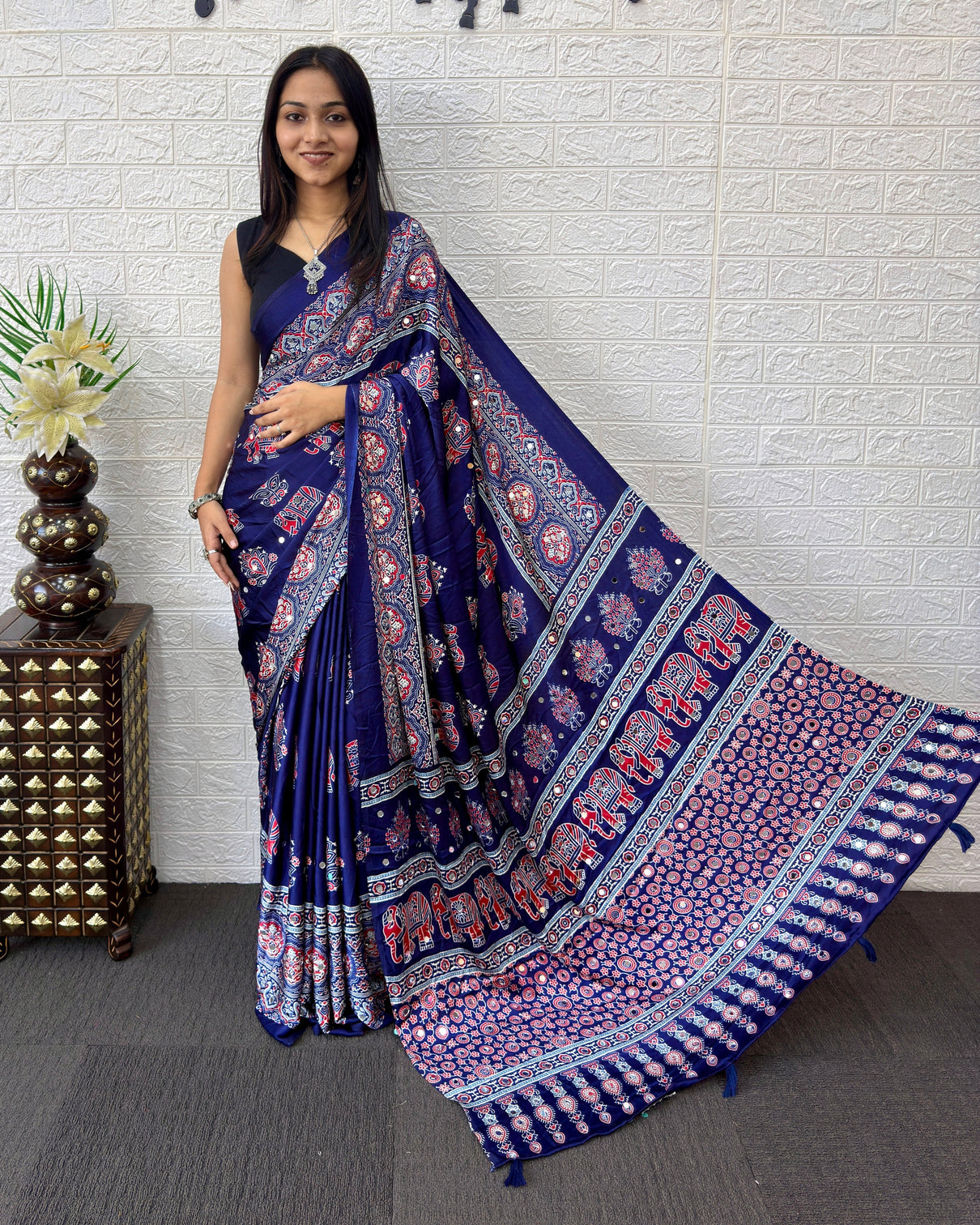 Royal blue modal silk saree with elephant motif heritage print designer pallu traditional festive wear saree mameraa