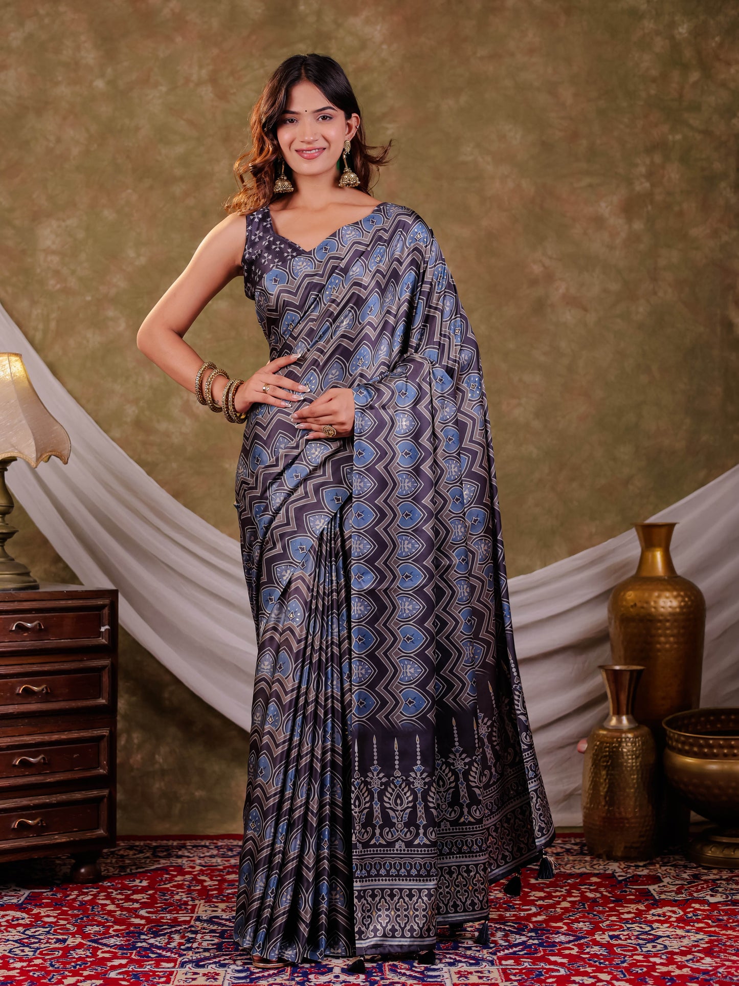Slate Grey Pure Chinnon Ajrakh Printed Saree with Tassel Edges, Chevron Geometric Print, Designer Ethnic Border & Matching Blouse Piece